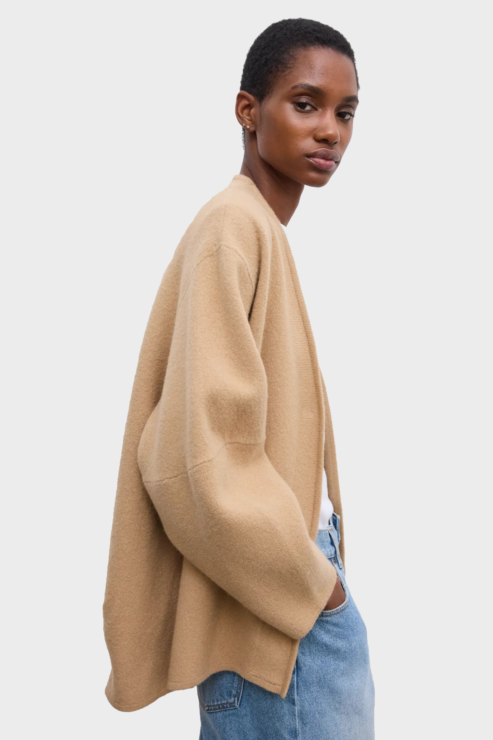 DAGMAR Long Wool Cardigan in Camel