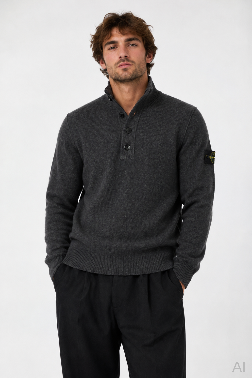 STONE ISLAND Heavy Knit Half Zip Pullover in Dark Grey Melange XXL
