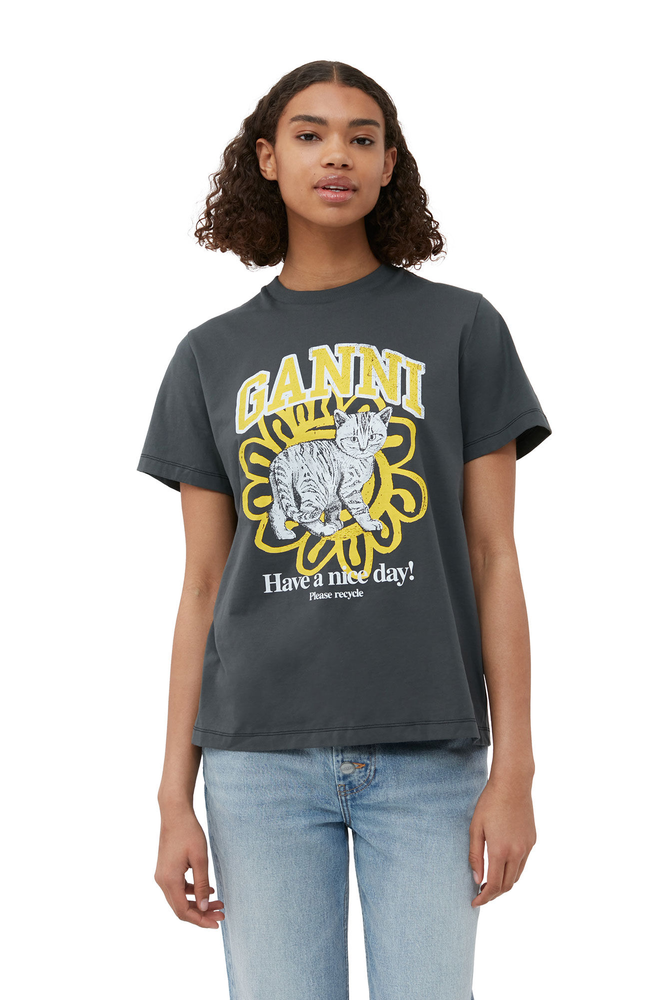 GANNI Basic Jersey Cat Relaxed T-Shirt in Volcanic Ash S