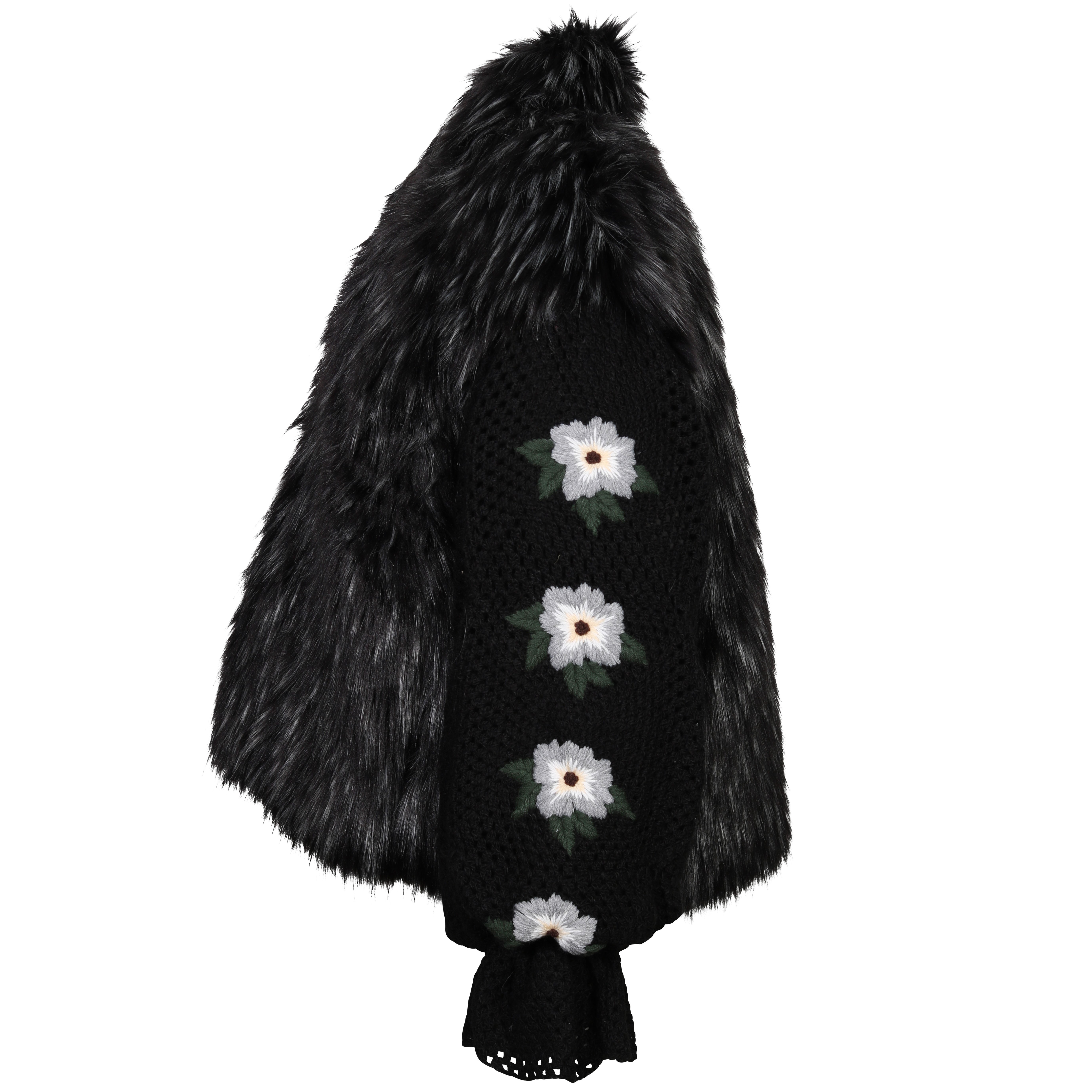 Tu Lizé Black and Silver Eco Fox Fur with Crochet Sleeves