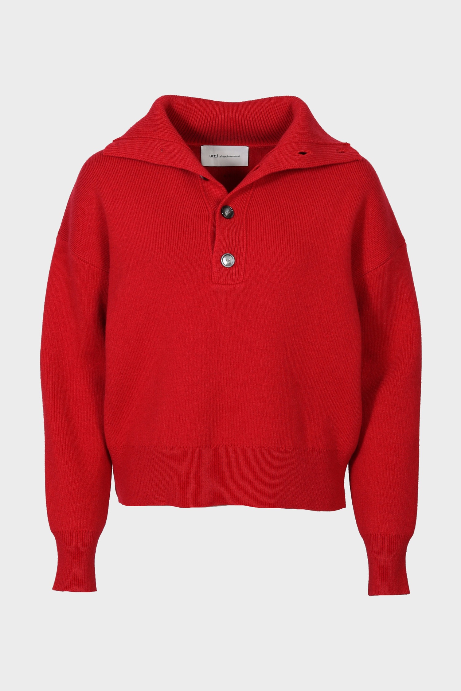 AMI PARIS High Buttoned Collar Heavy Knit Sweater in Ruby Red
