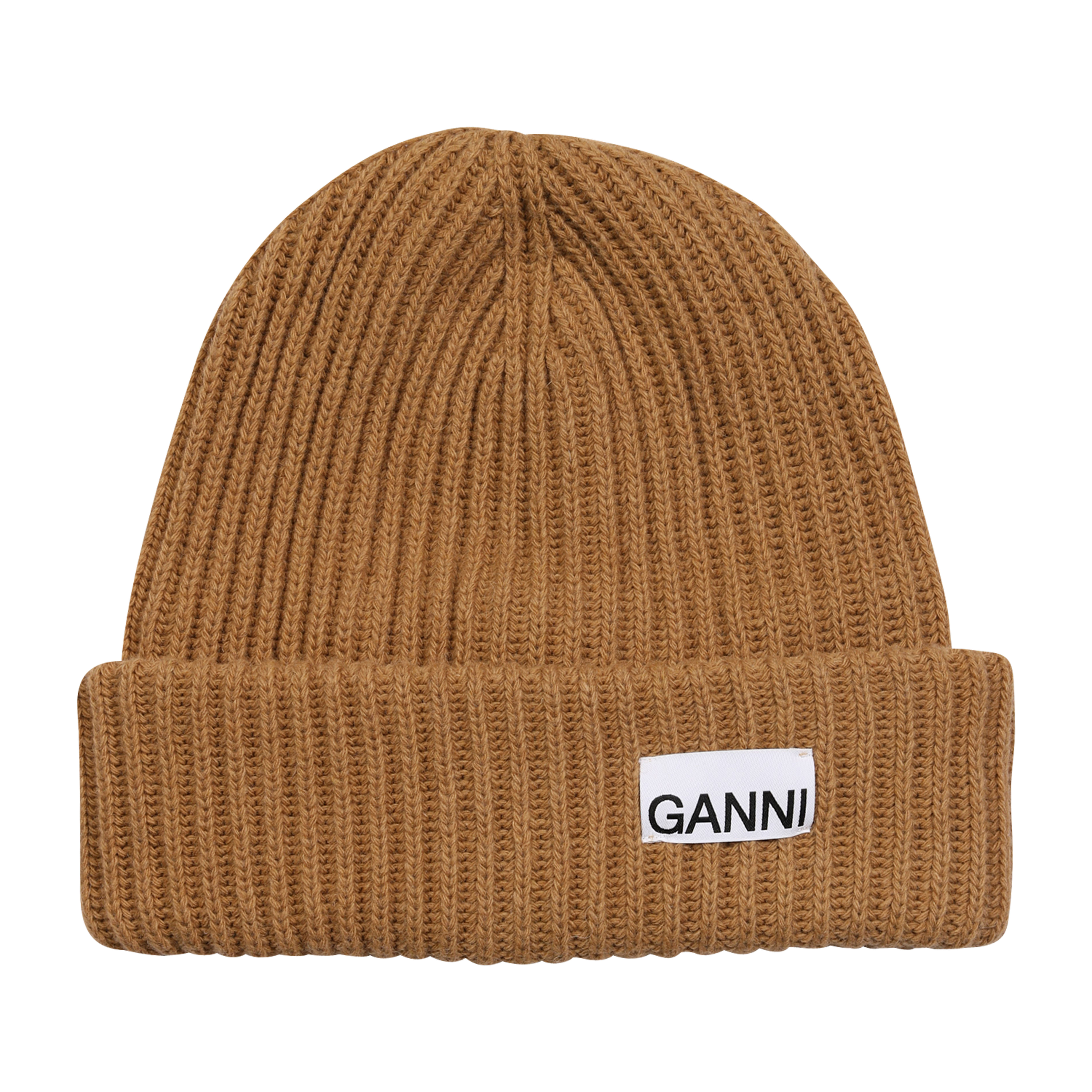 Ganni Recycled Wool Knit Beanie in Camel