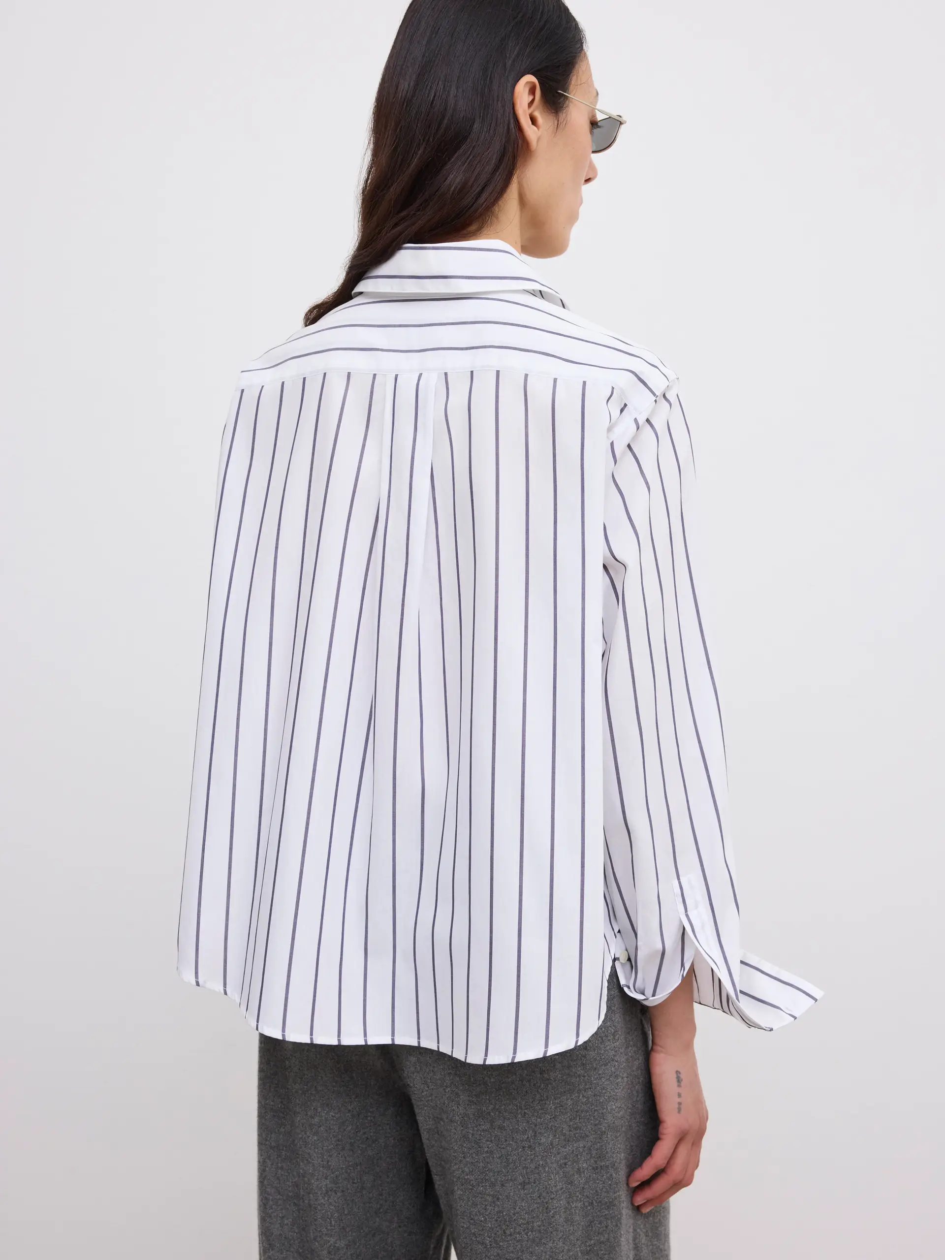 DAGMAR Asymmetric Cropped Shirt in White / Black Stripes