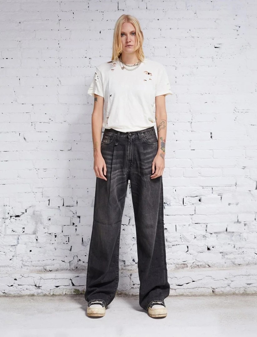 R13 Damon Pleated Wide Leg Jeans in Ellery Black