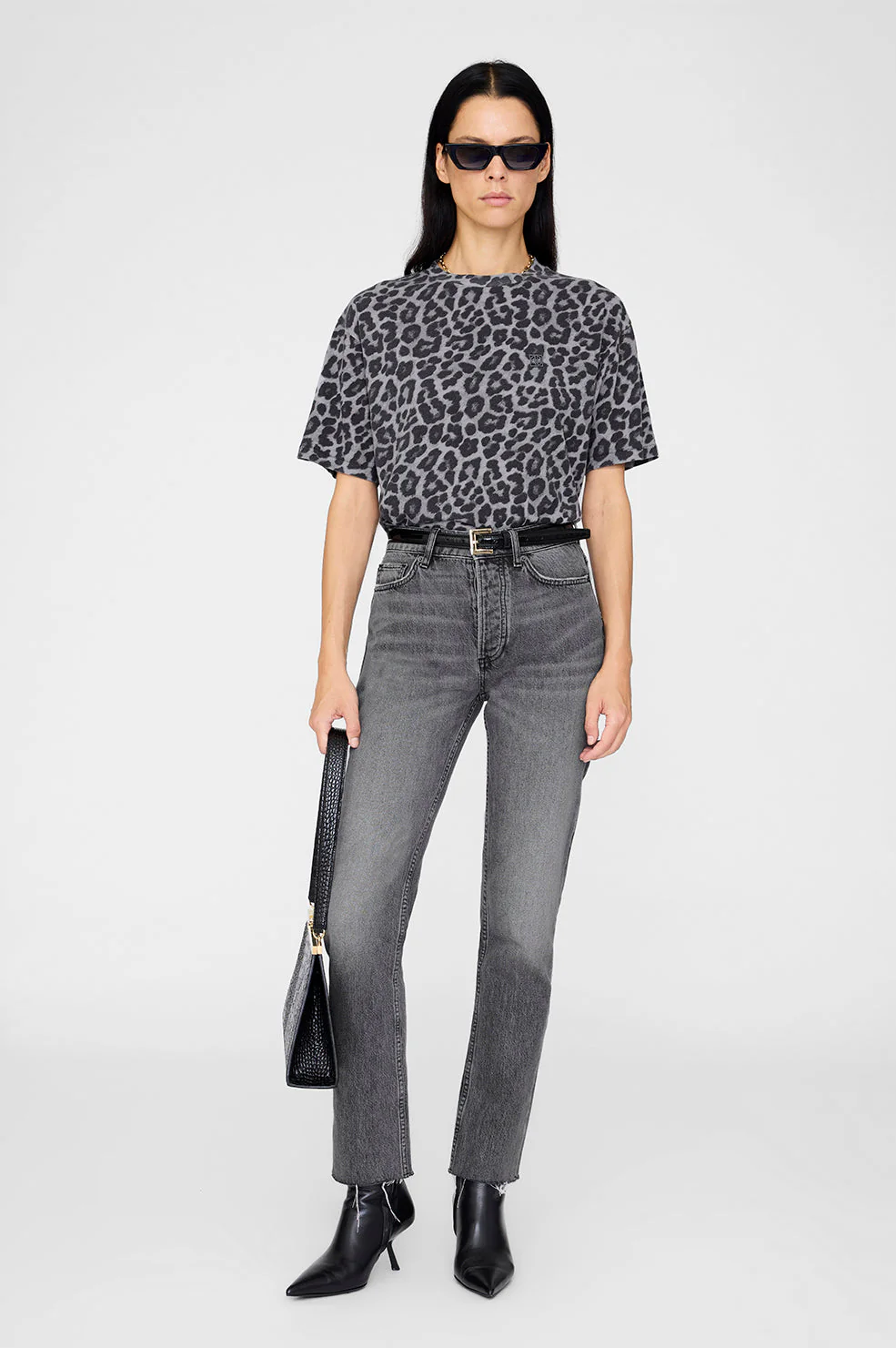 ANINE BING Relaxed Boxy Fit T-Shirt in Grey Leopard