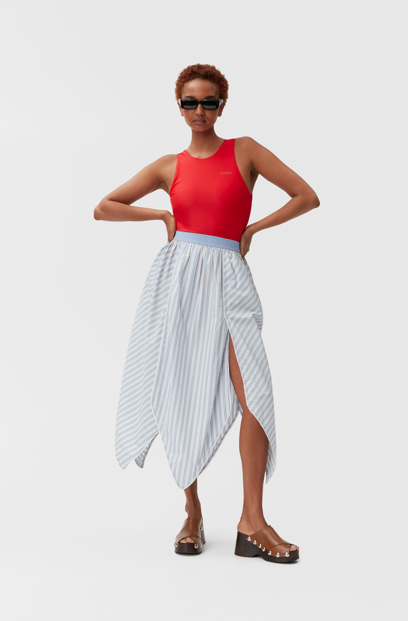 Ganni Stripe Cotton Midi Panel Skirt in Forever Blue 34