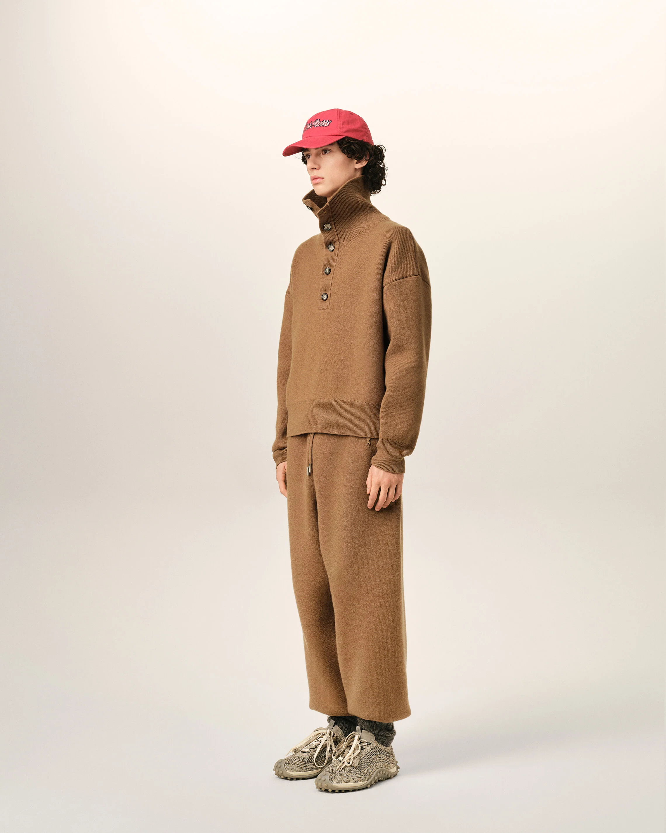 AMI PARIS High Buttoned Collar Heavy Knit Sweater in Camel