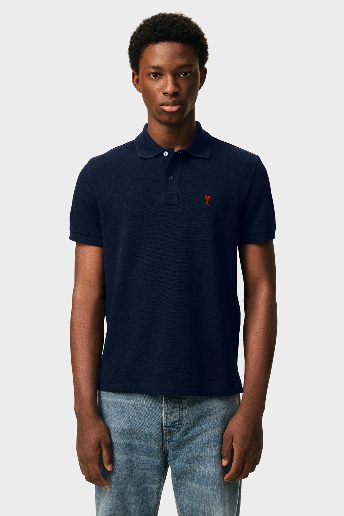 AMI PARIS de Coeur Polo Shirt in Night Blue/Red Logo