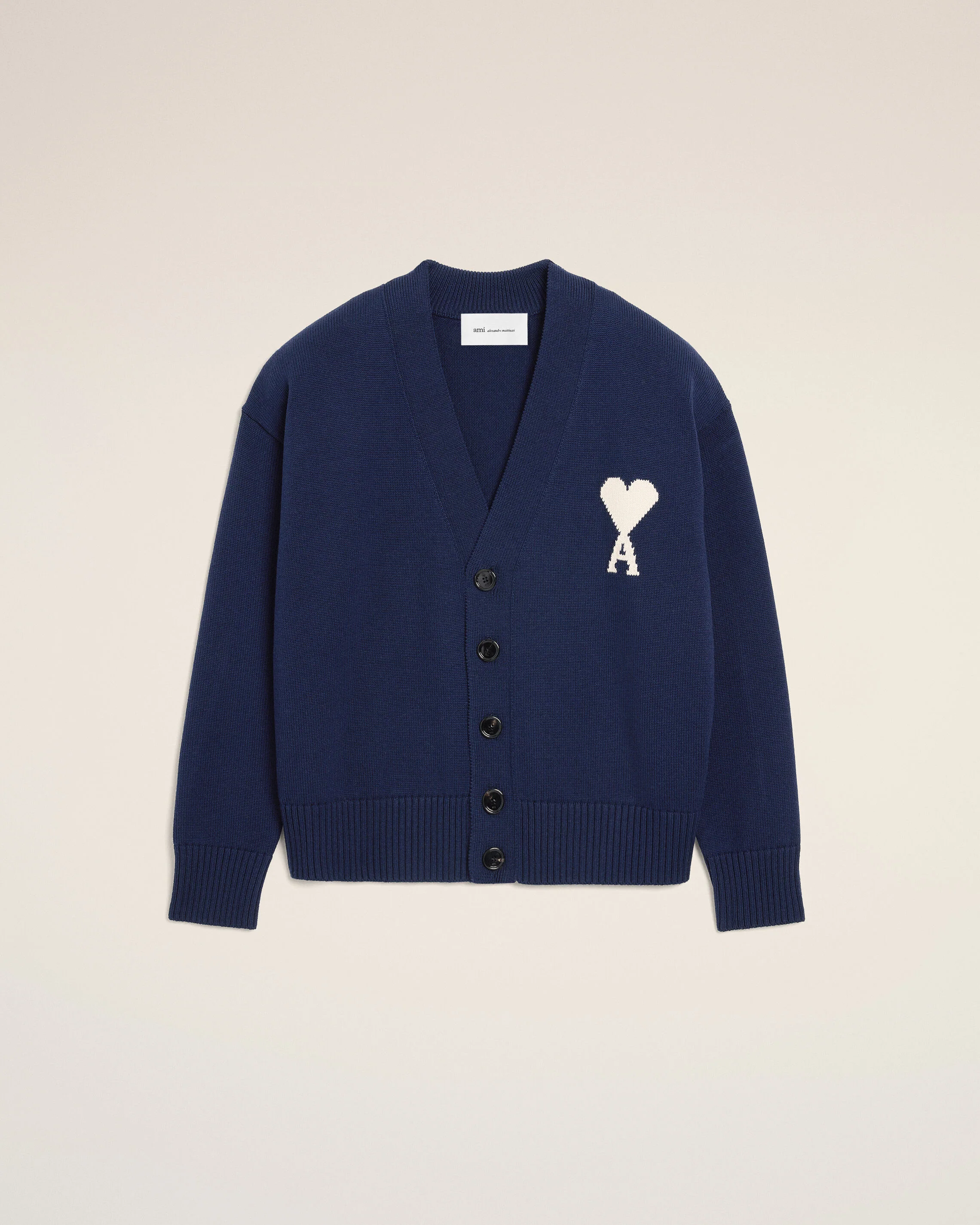 AMI PARIS de Coeur Wool/Cotton Knit Cardigan in Navy