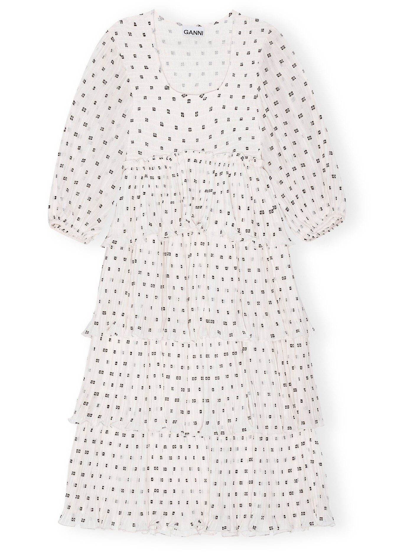 GANNI Pleated Georgette Flounce Mini Dress in Egret GANNI Pleated Georgette Flounce Mini Dress in Egret