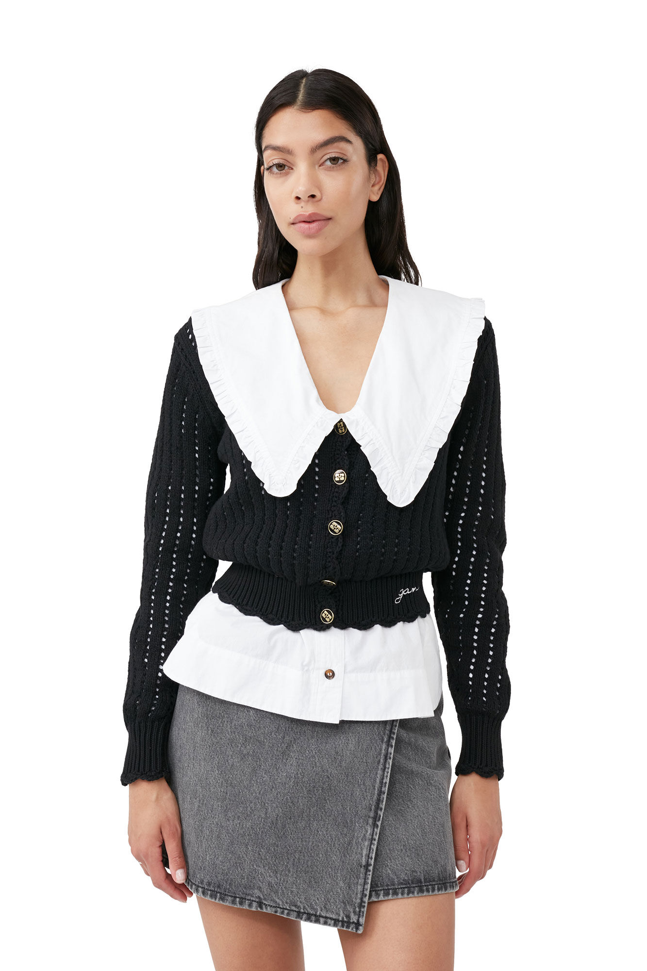 GANNI Cotton Lace Cardigan in Black XS