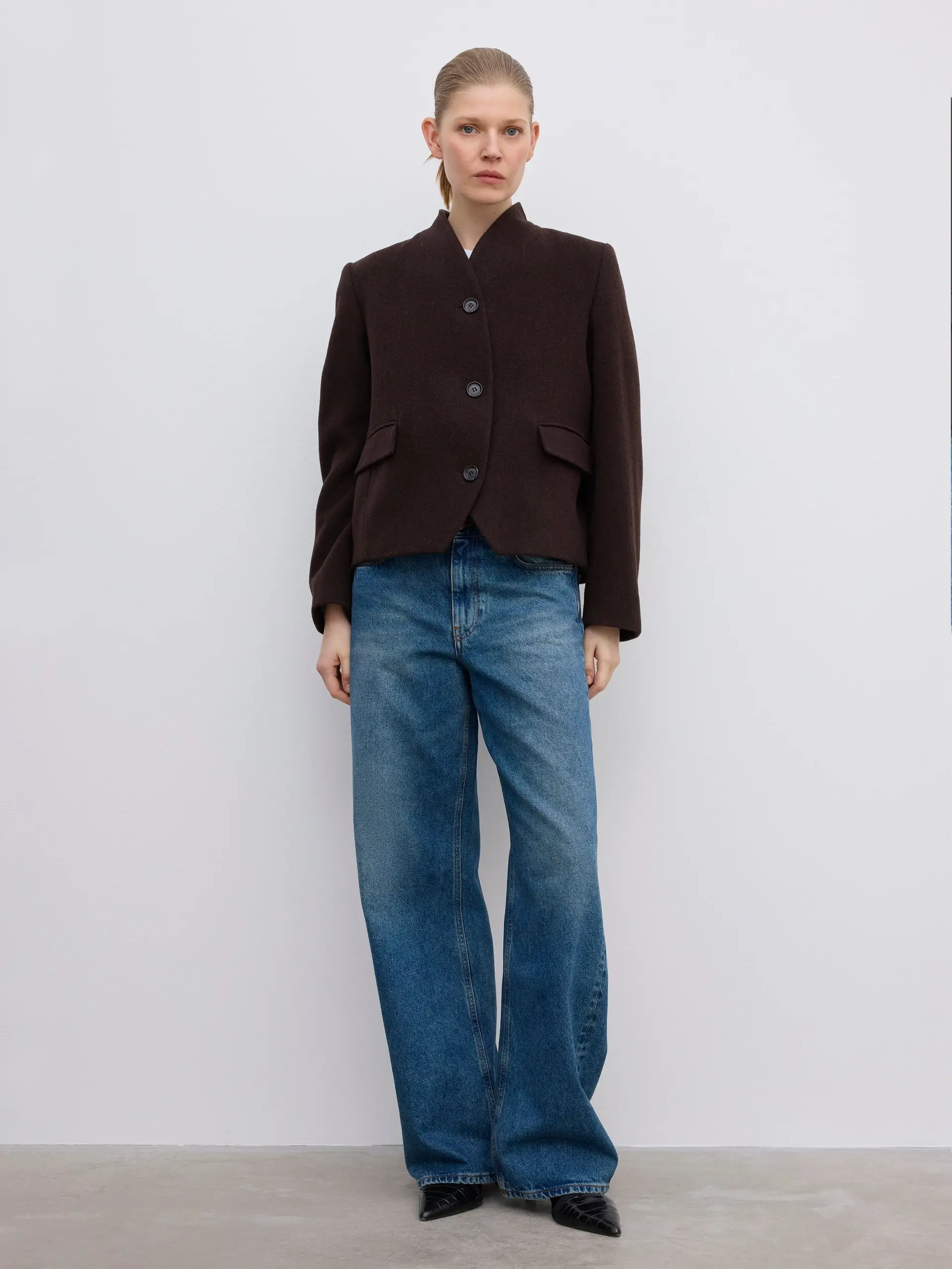 DAGMAR Short Curved Jacket in Chocolate Brown