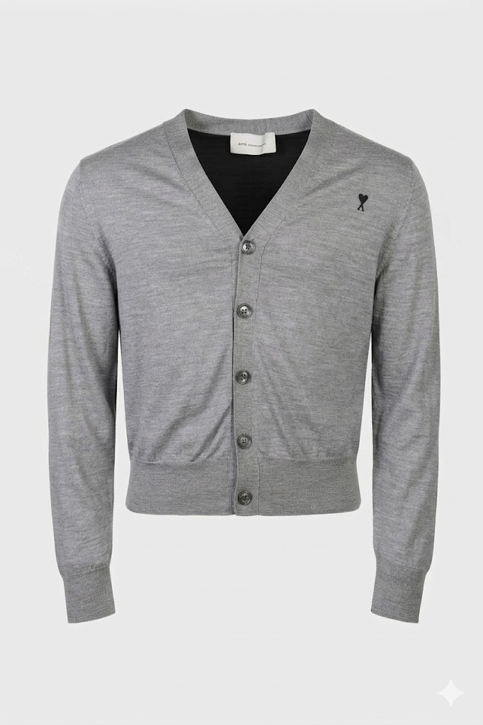 AMI PARIS de Coeur Extrafine Knit Cardigan in Heather Grey