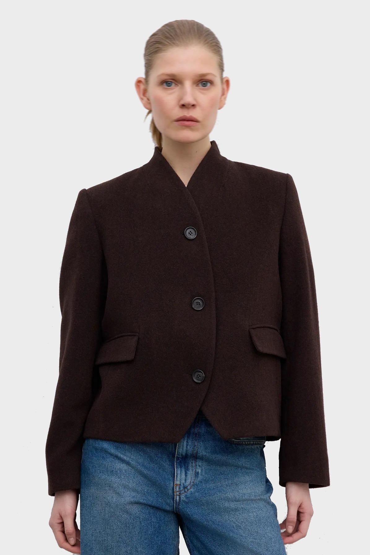 DAGMAR Short Curved Jacket in Chocolate Brown