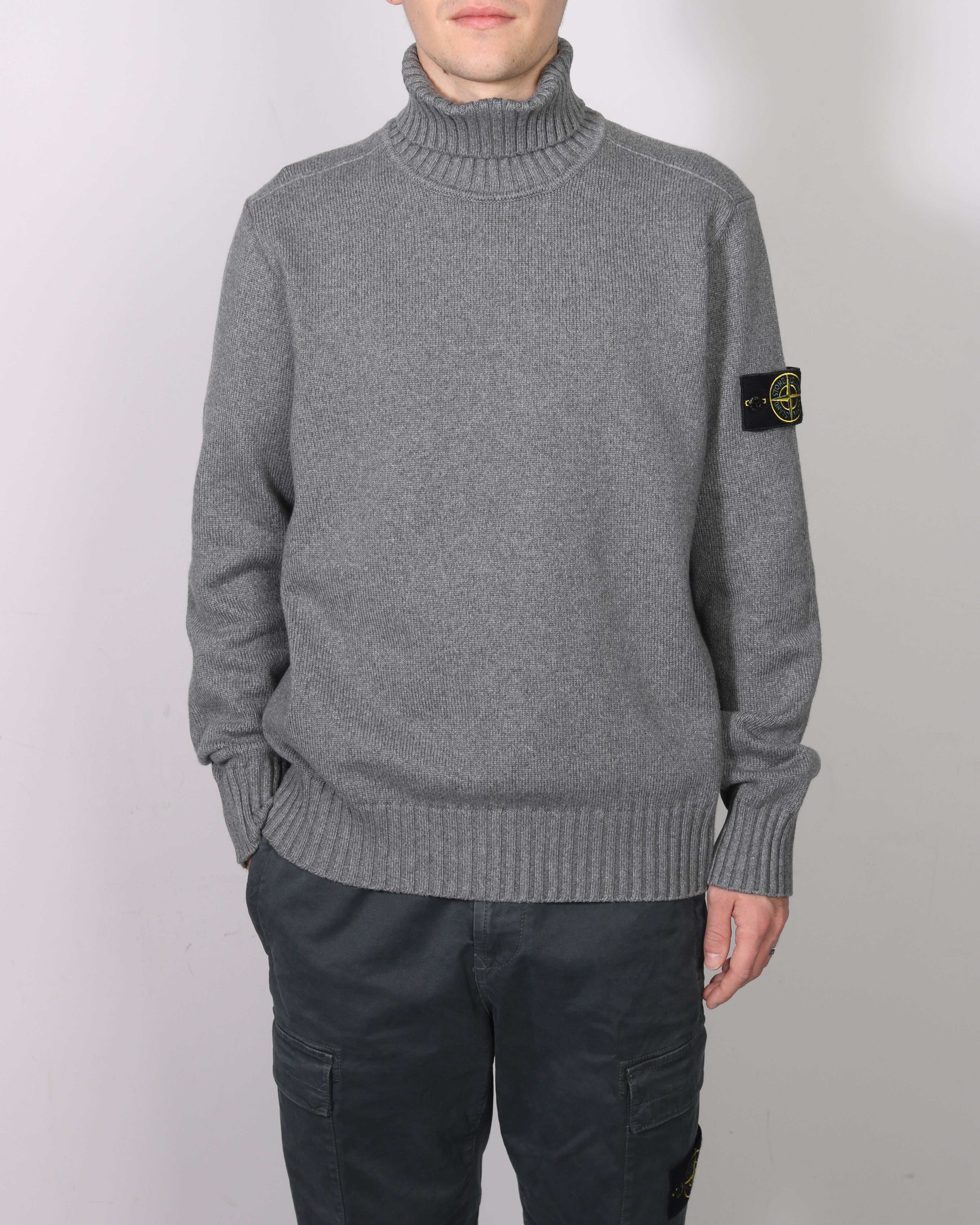 STONE ISLAND Soft Cotton Knit Turtleneck Pullover in Melange Grey