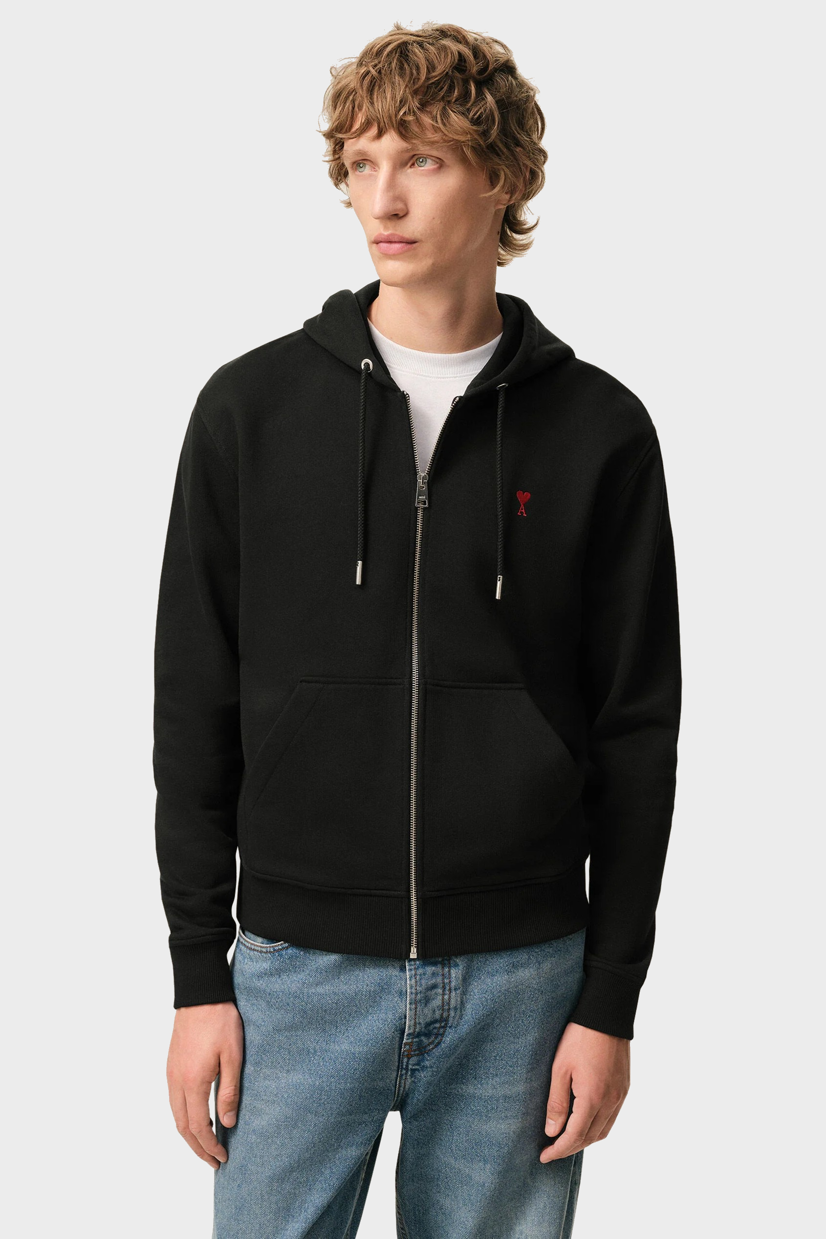 AMI PARIS de Coeur Zip Hoodie in Black / Red