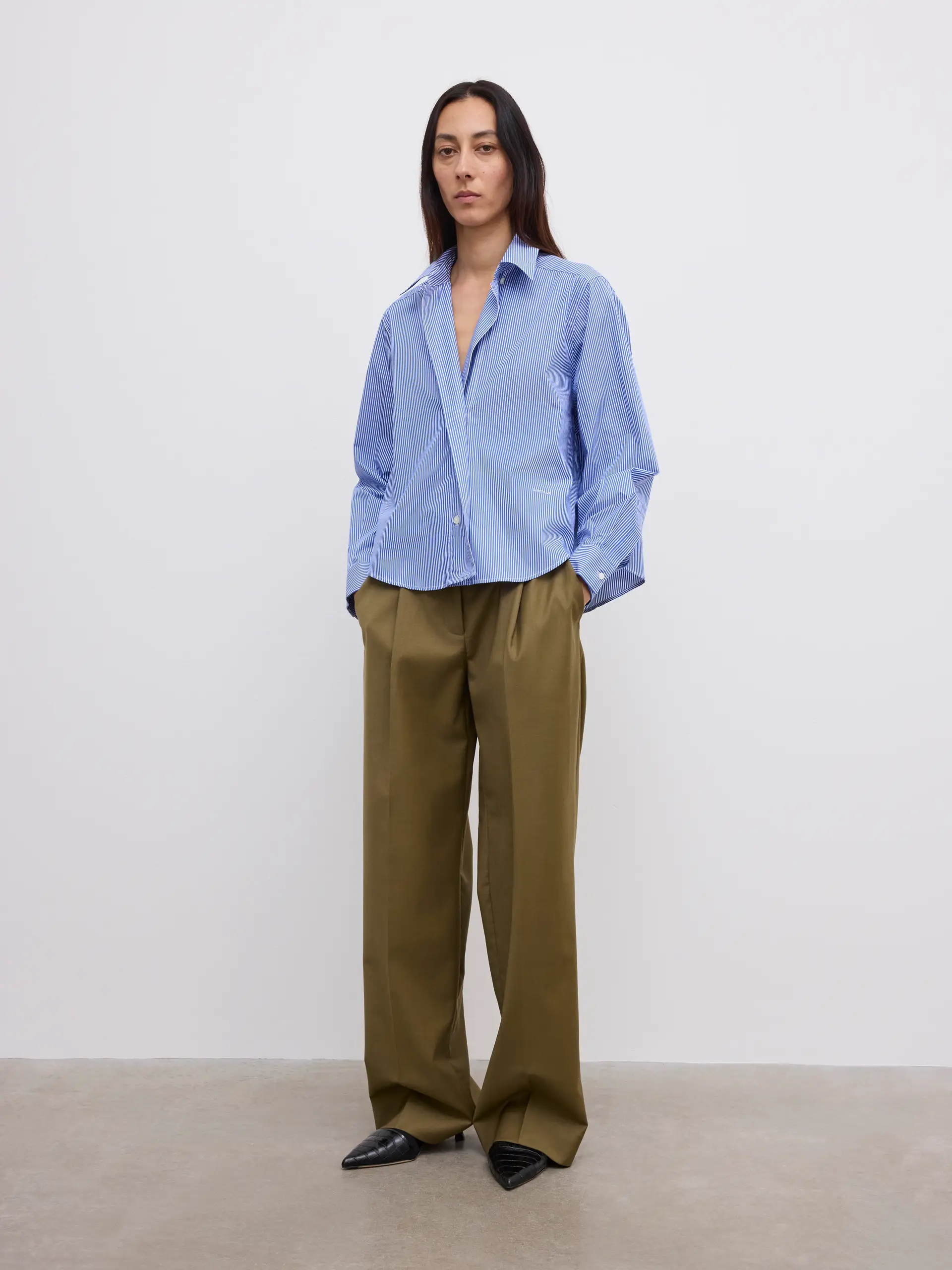 DAGMAR Asymmetric Cropped Shirt in Blue Stripe