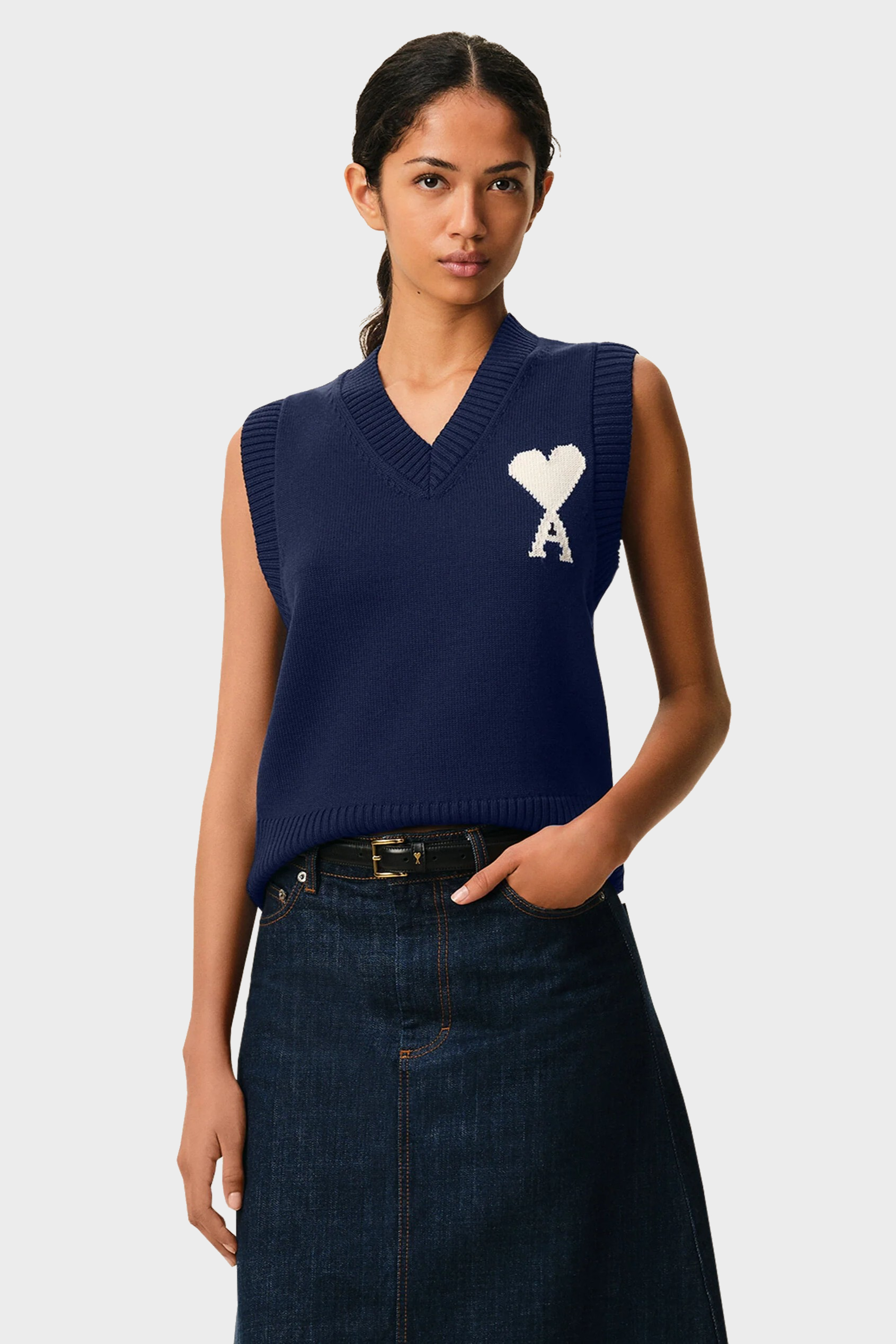 AMI PARIS de Coeur Wool/Cotton Knit Vest in Navy