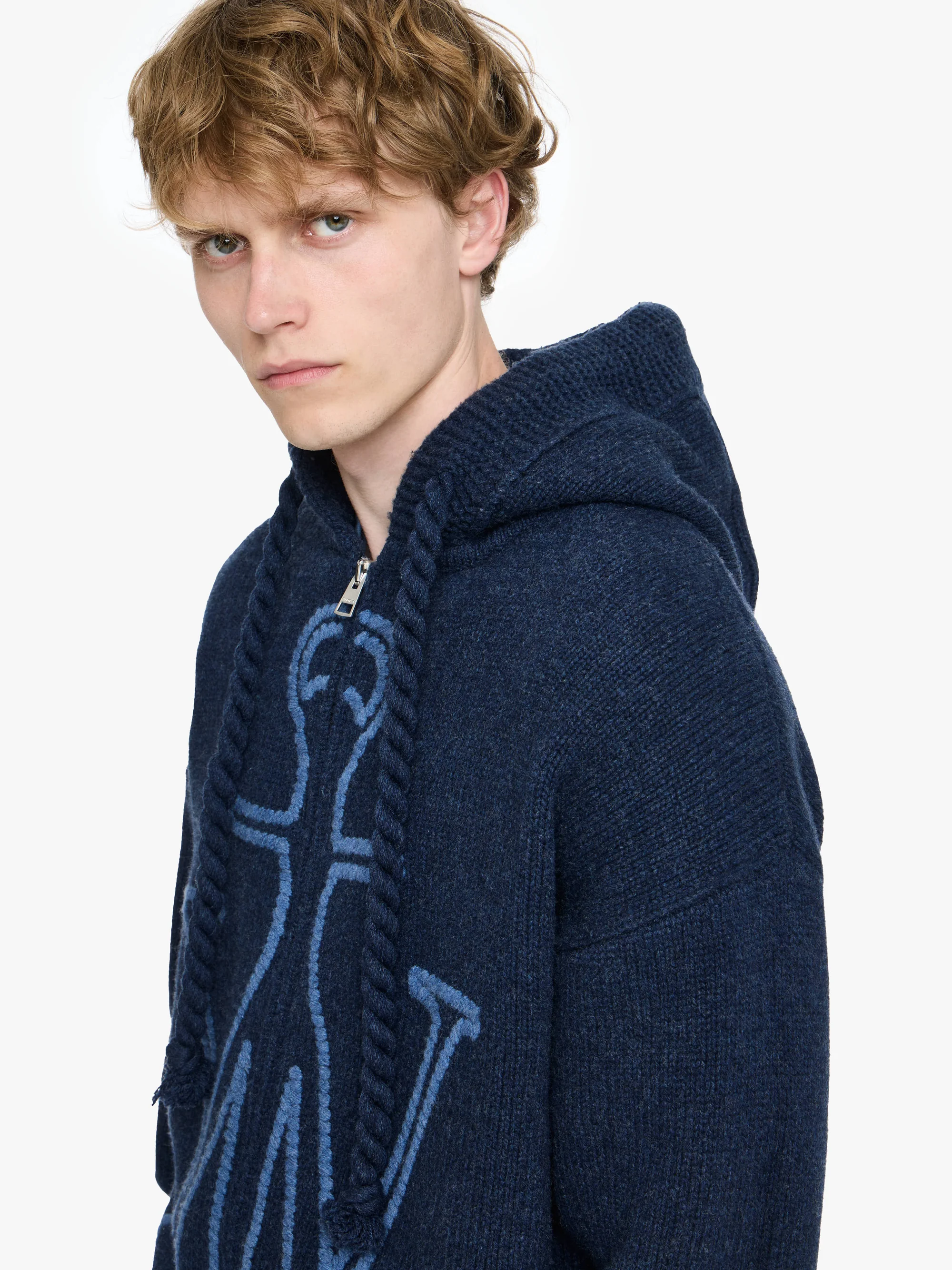 JW ANDERSON Anchor Embroidery Knit Zip Hoodie in Navy
