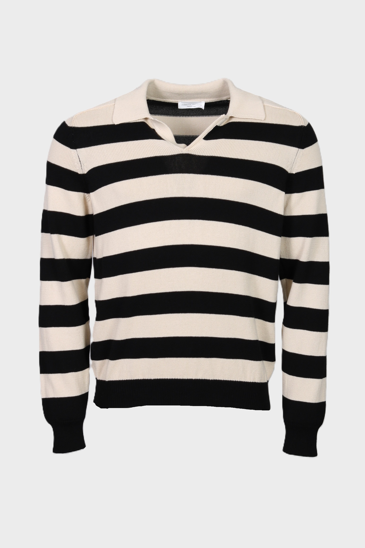 ROBERTO COLLINA Cotton Knit Polo Sweater in Black/Beige