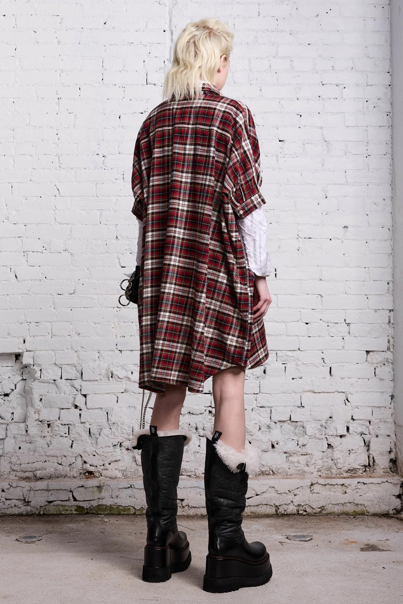 R13 Plaid Oversized Boxy Shirt Dress in Red/Ecru One Size