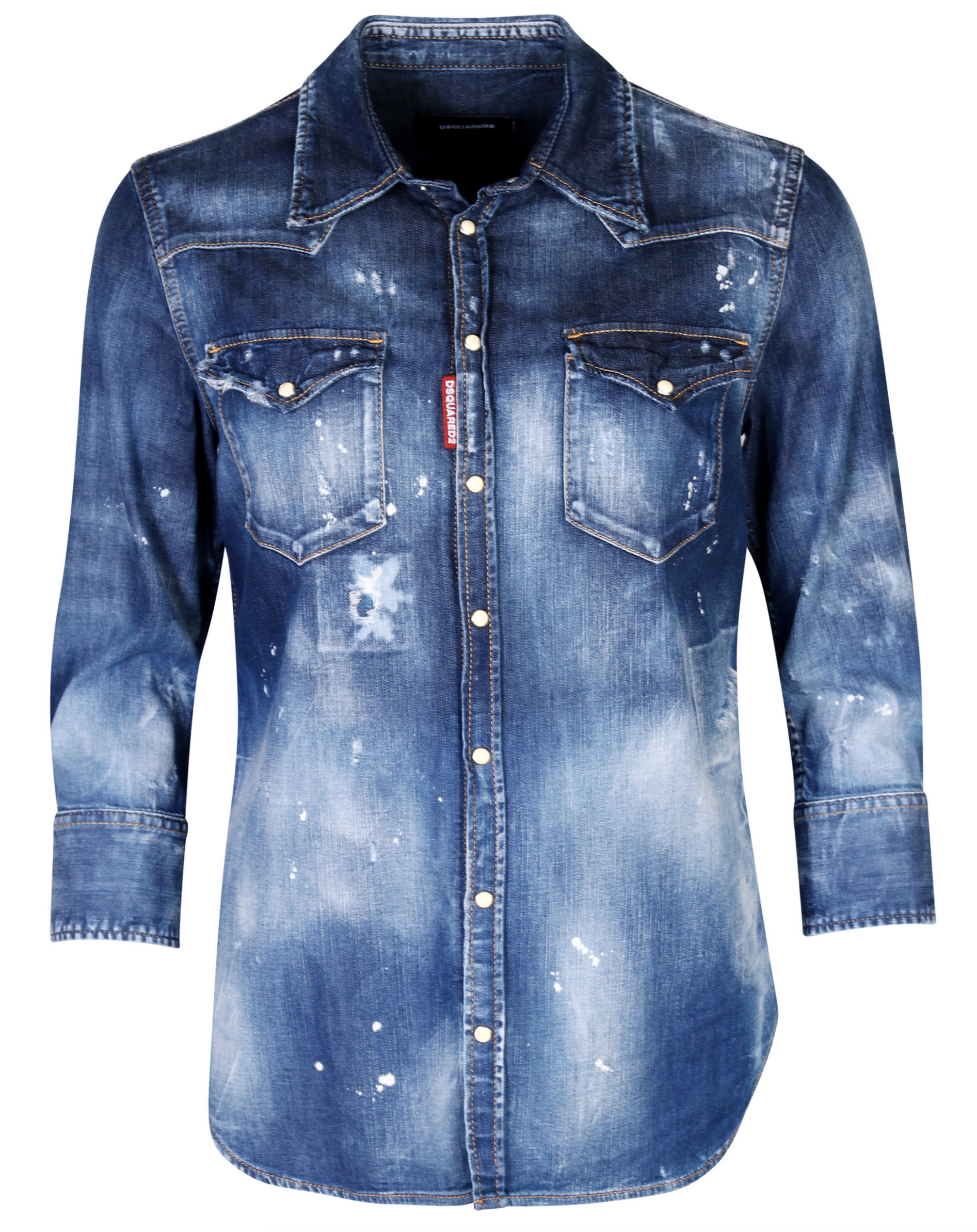 Dsquared Denim Shirt Blue Washed Patchwork Sleeve Light Blue