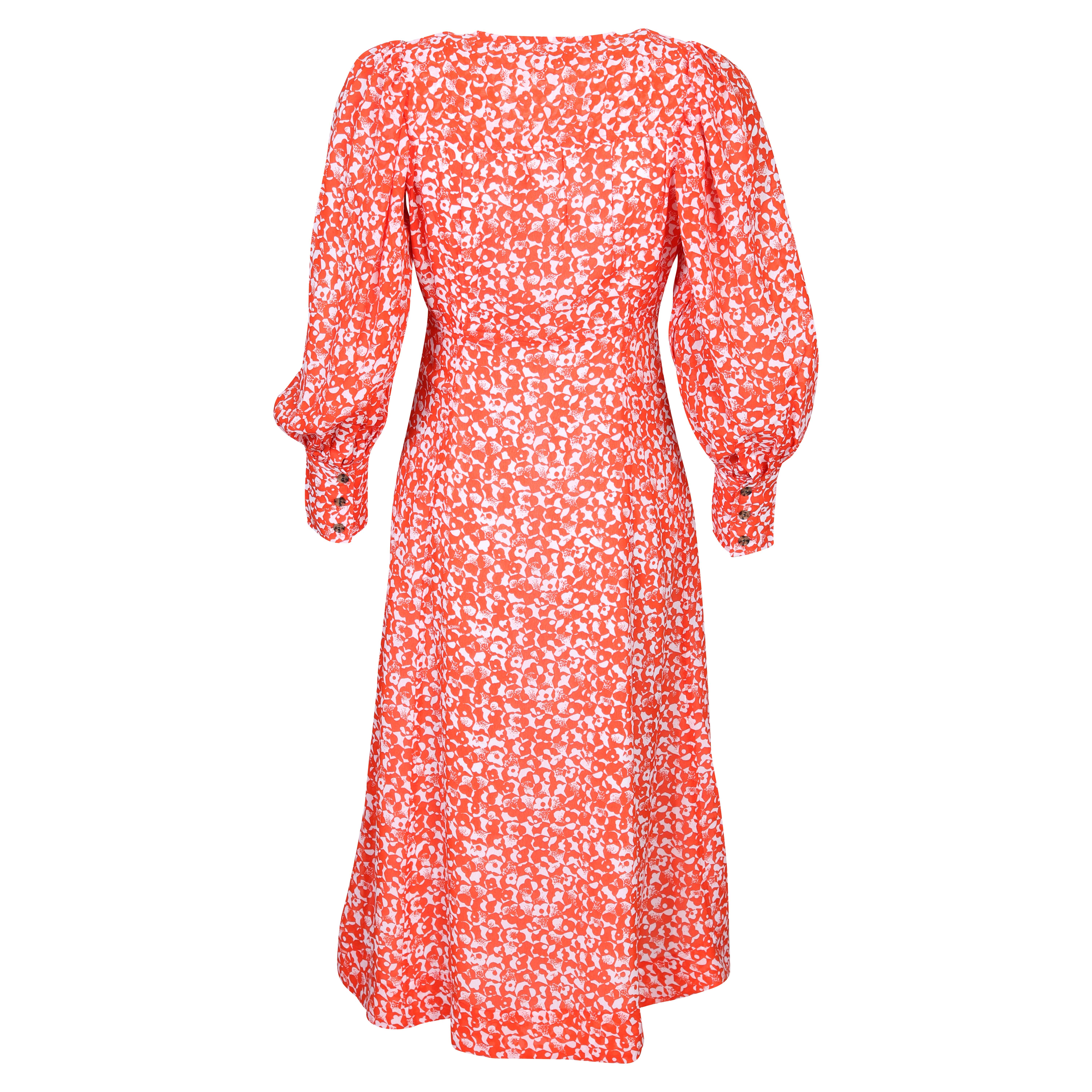 Ganni Printed Light Crepe Deep V-Neck Dress in Mini Floral Orangedot 36