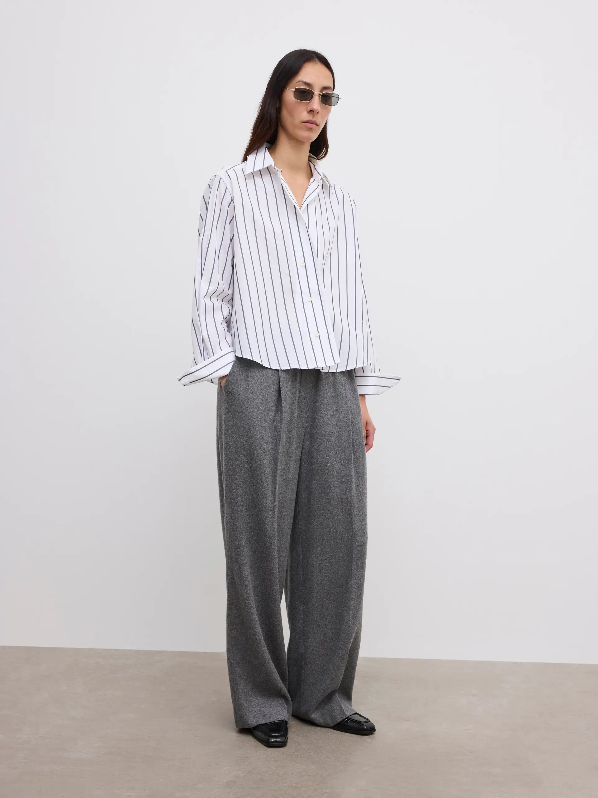 DAGMAR Asymmetric Cropped Shirt in White / Black Stripes