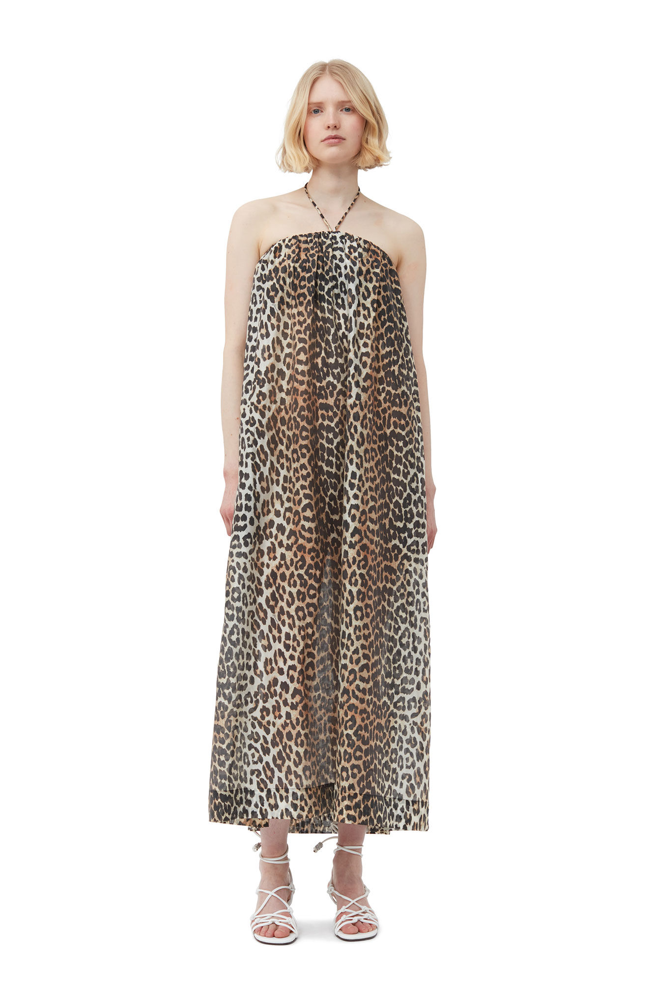 GANNI Sheer Voile Maxi Strap Dress in Leopard 34
