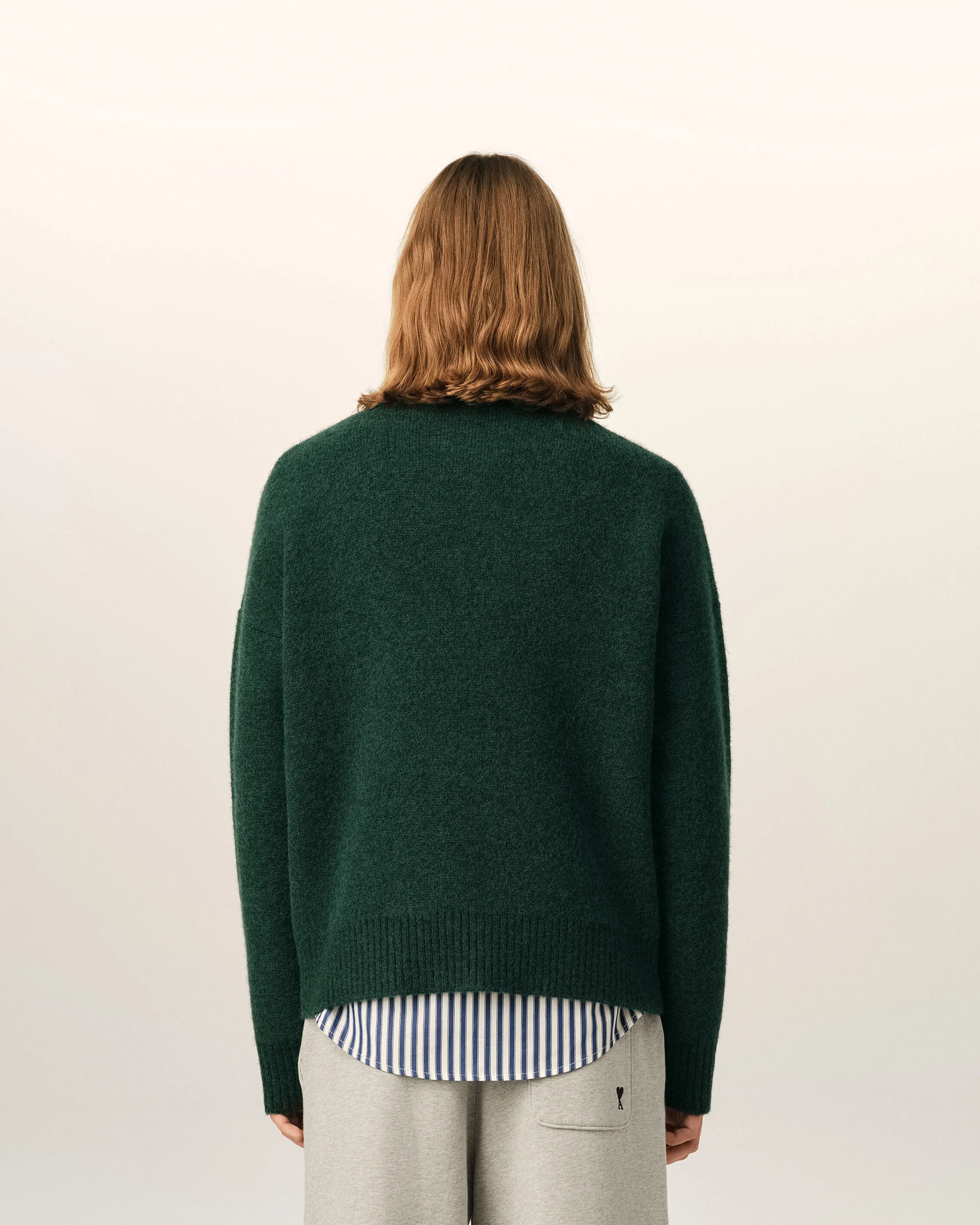 AMI PARIS de Coeur Heavy Knit Sweater in Bottle Green / Off White XXL