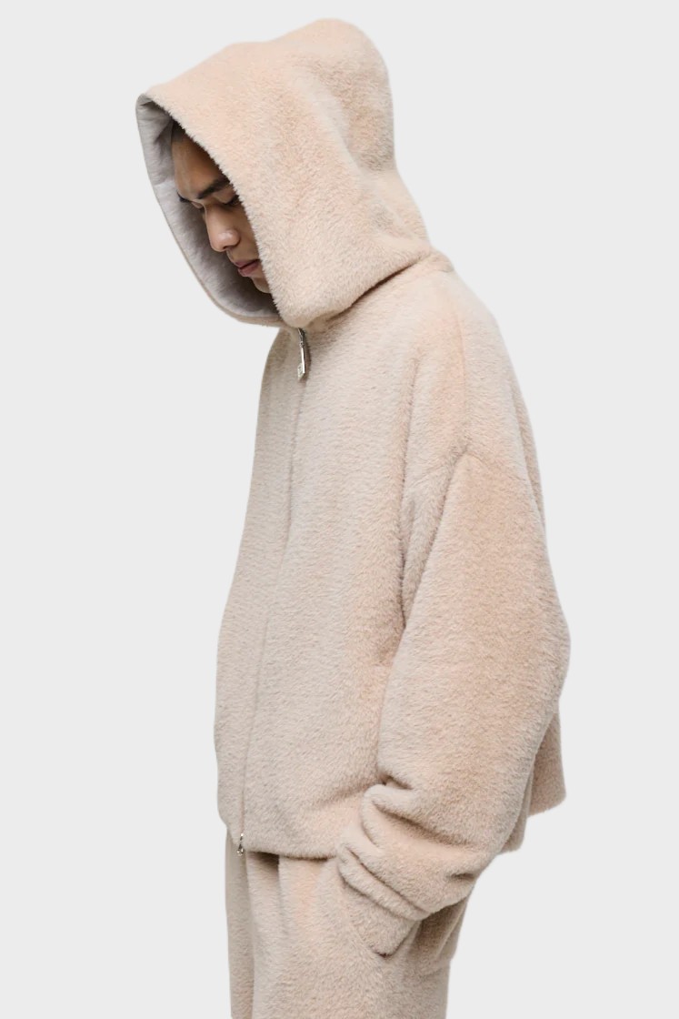 PERPLEX Fluffy Two Way Zip Hoodie in Beige
