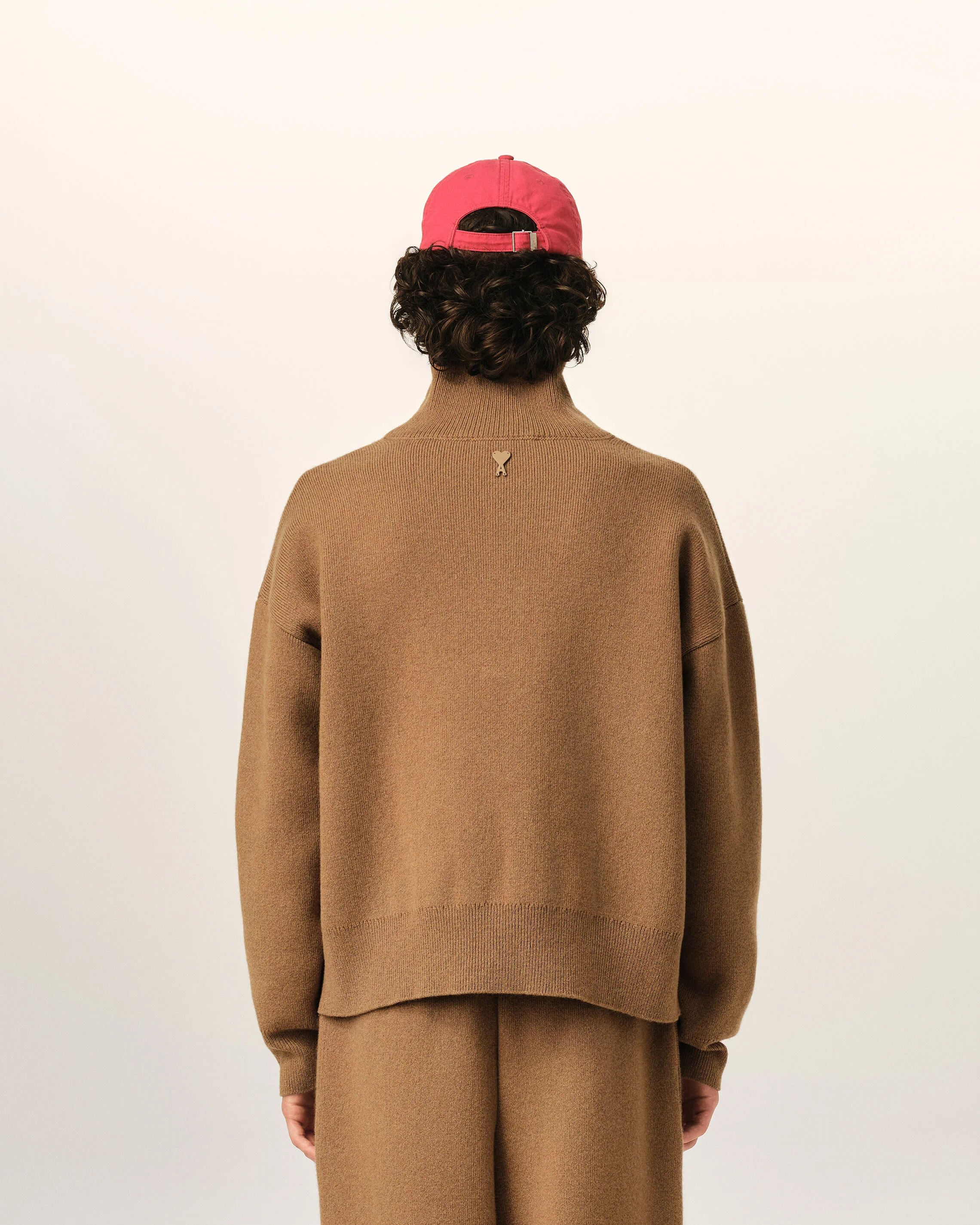 AMI PARIS High Buttoned Collar Heavy Knit Sweater in Camel
