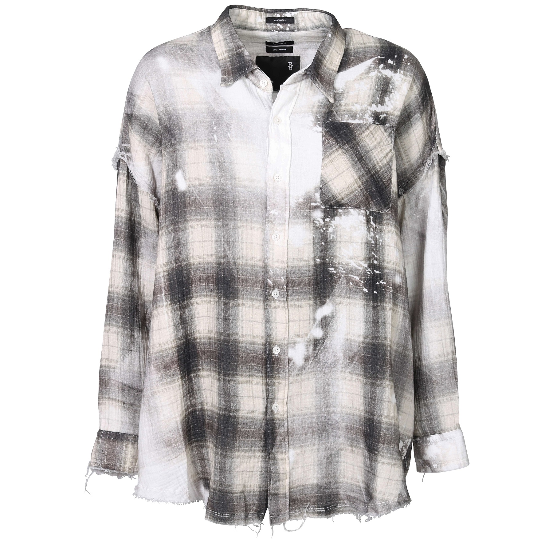 R13 Bleached Shredded Seam Shirt Ecru/Brown Plaid XL