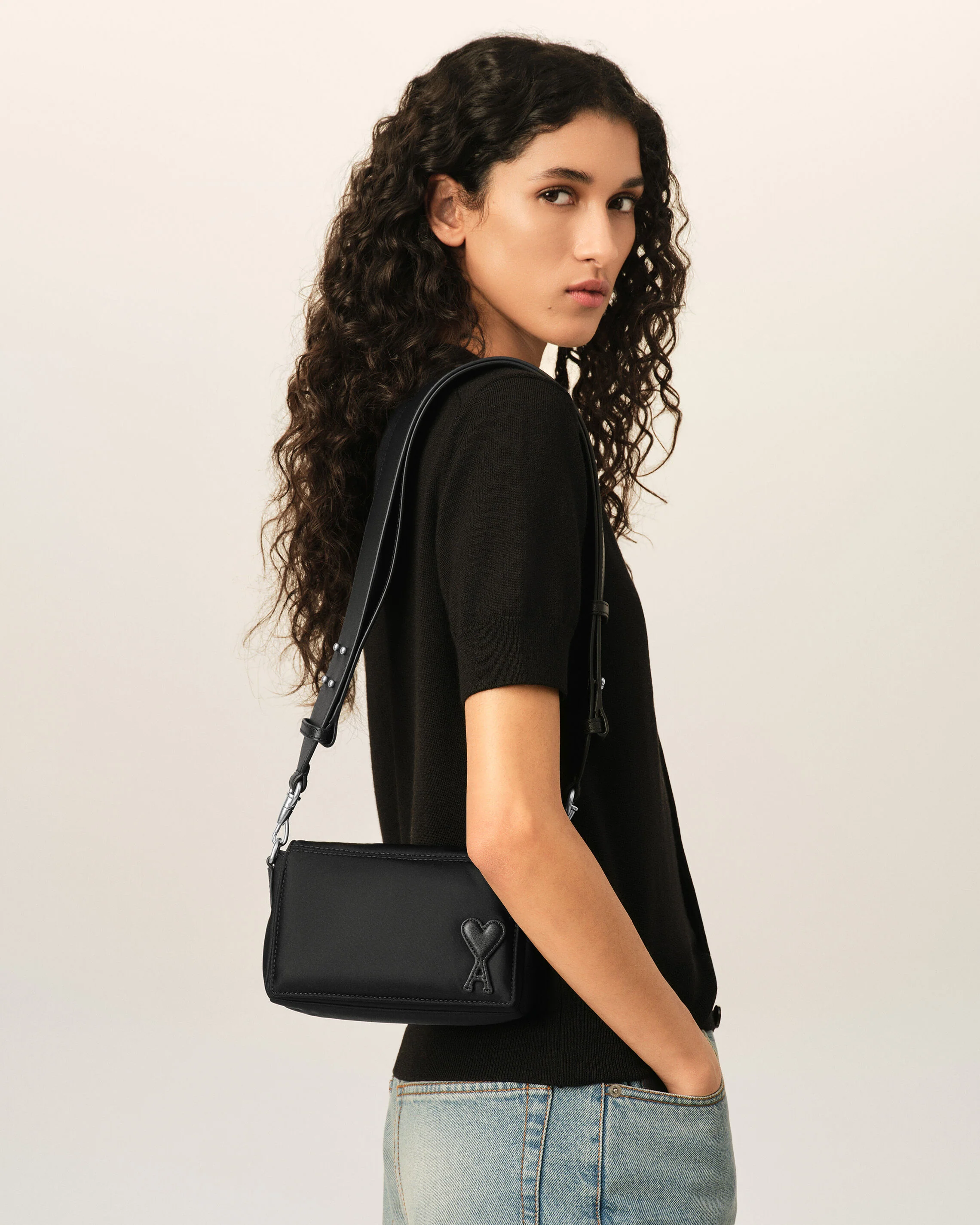 AMI PARIS Marcel Lunch Box Crossbody/Shoulder Nylon Bag in Black