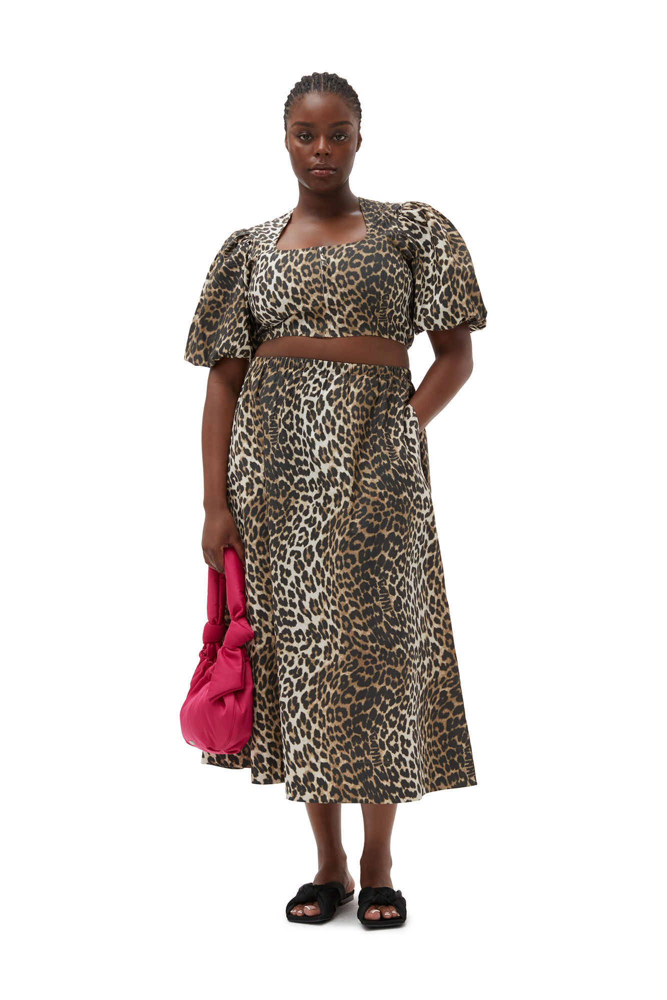 GANNI Printed Cotton Elasticatet Maxi Skirt in Big Leopard Almond 34