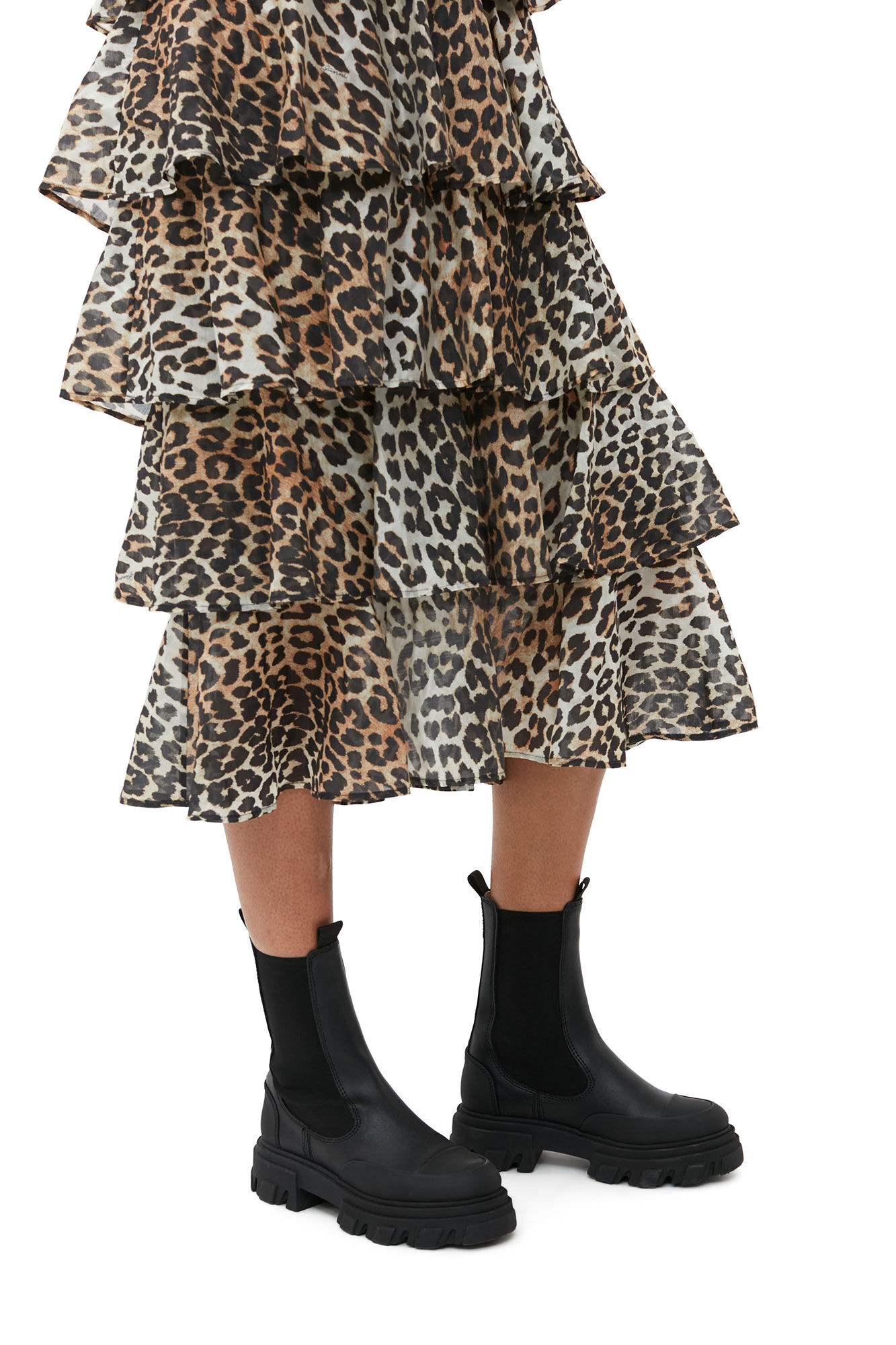 GANNI Sheer Voile Maxi Flounce Skirt in Leopard 36