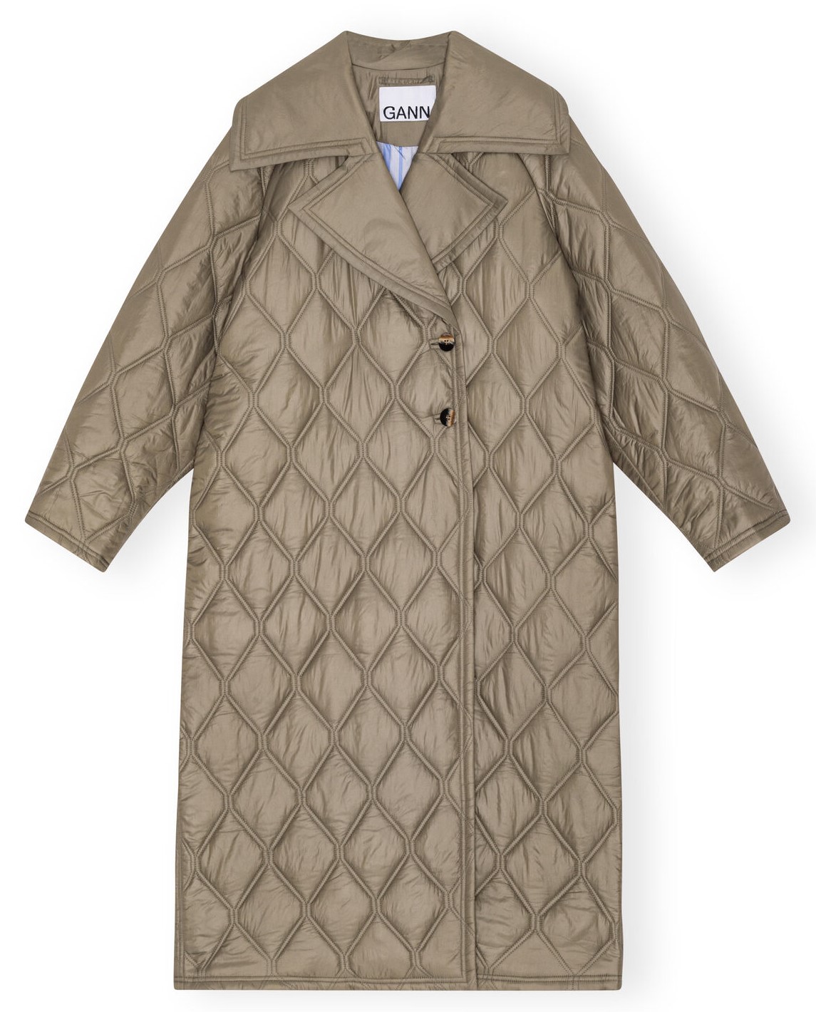 GANNI Shiny Quilt Coat in Light Olive 36