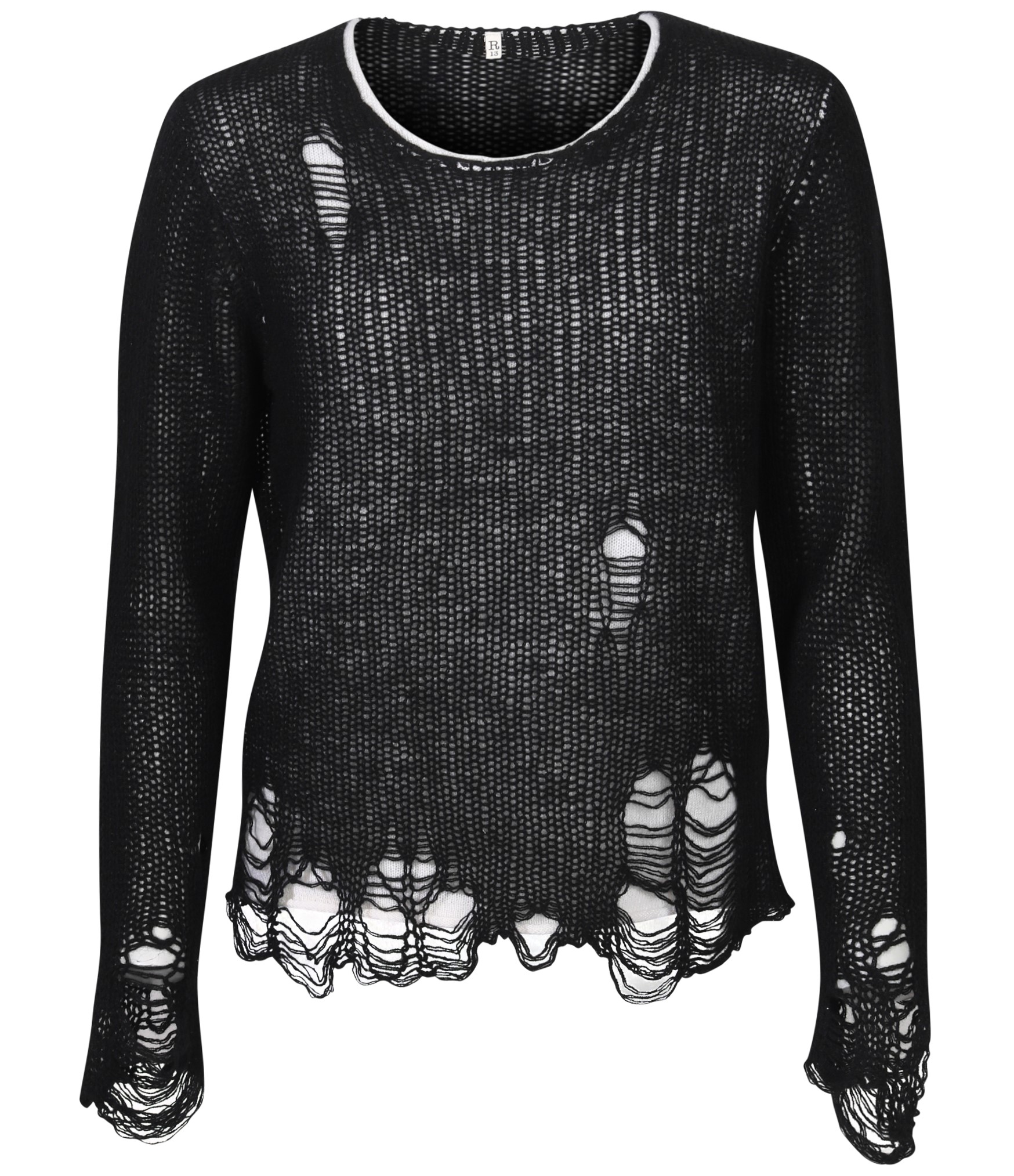R13 Double Layer Relaxed Cashmere Sweater in Black on Ecru