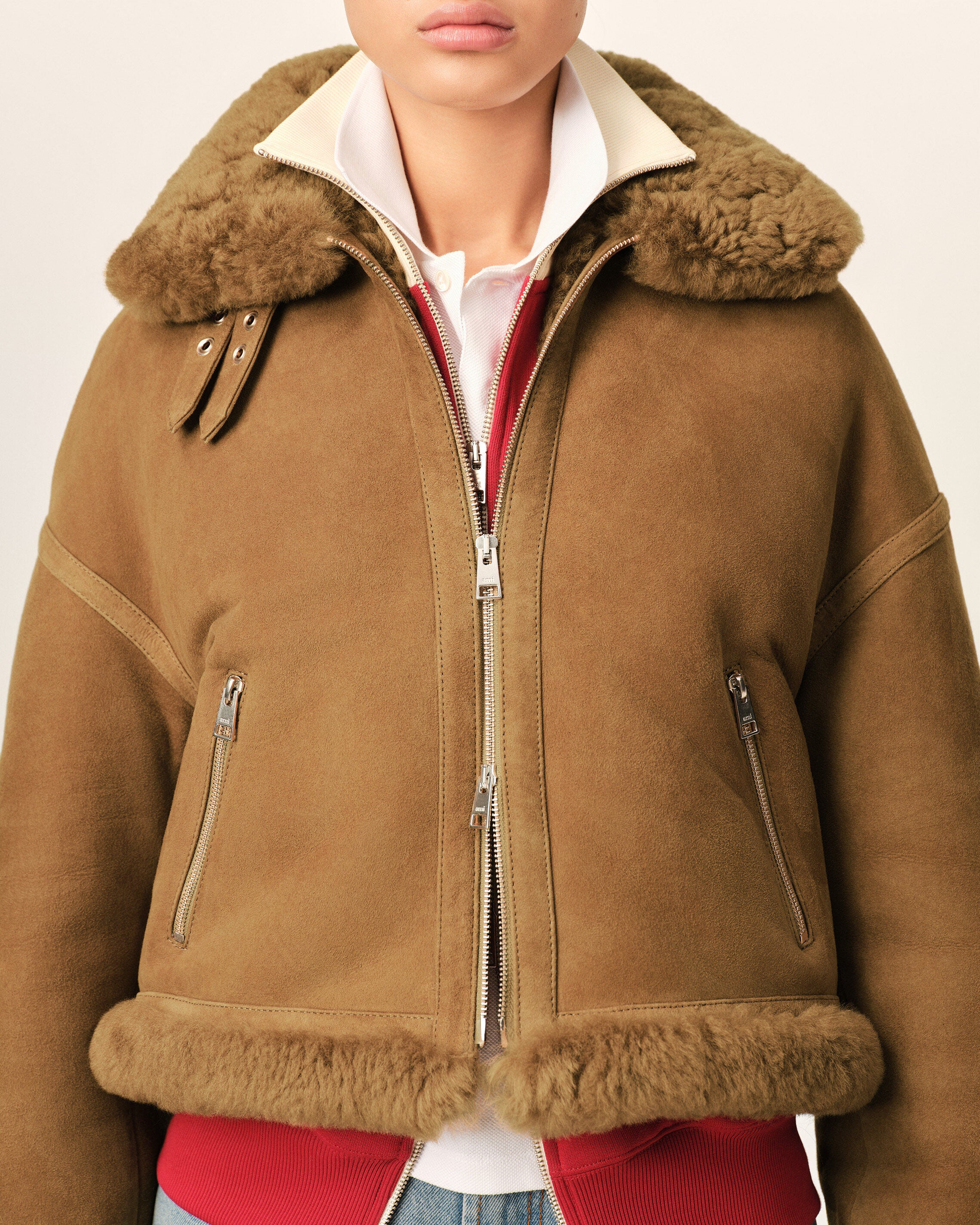 AMI PARIS Aviator Shearling Jacket in Mastic Beige