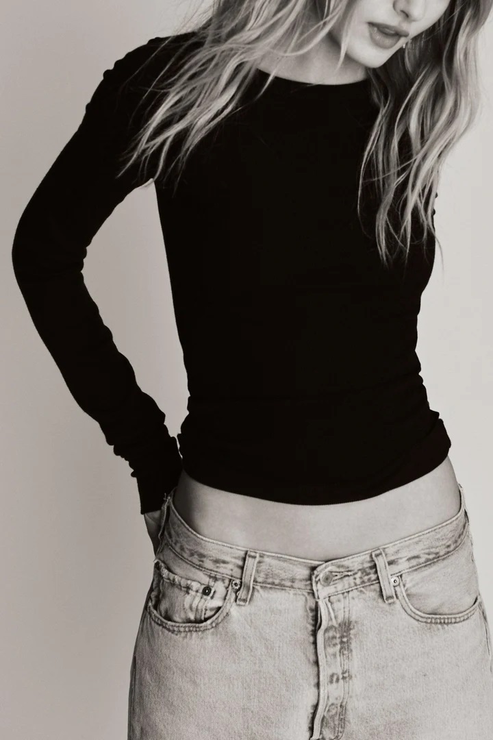 ÉTERNE Long Sleeve Fitted Top in Black XL