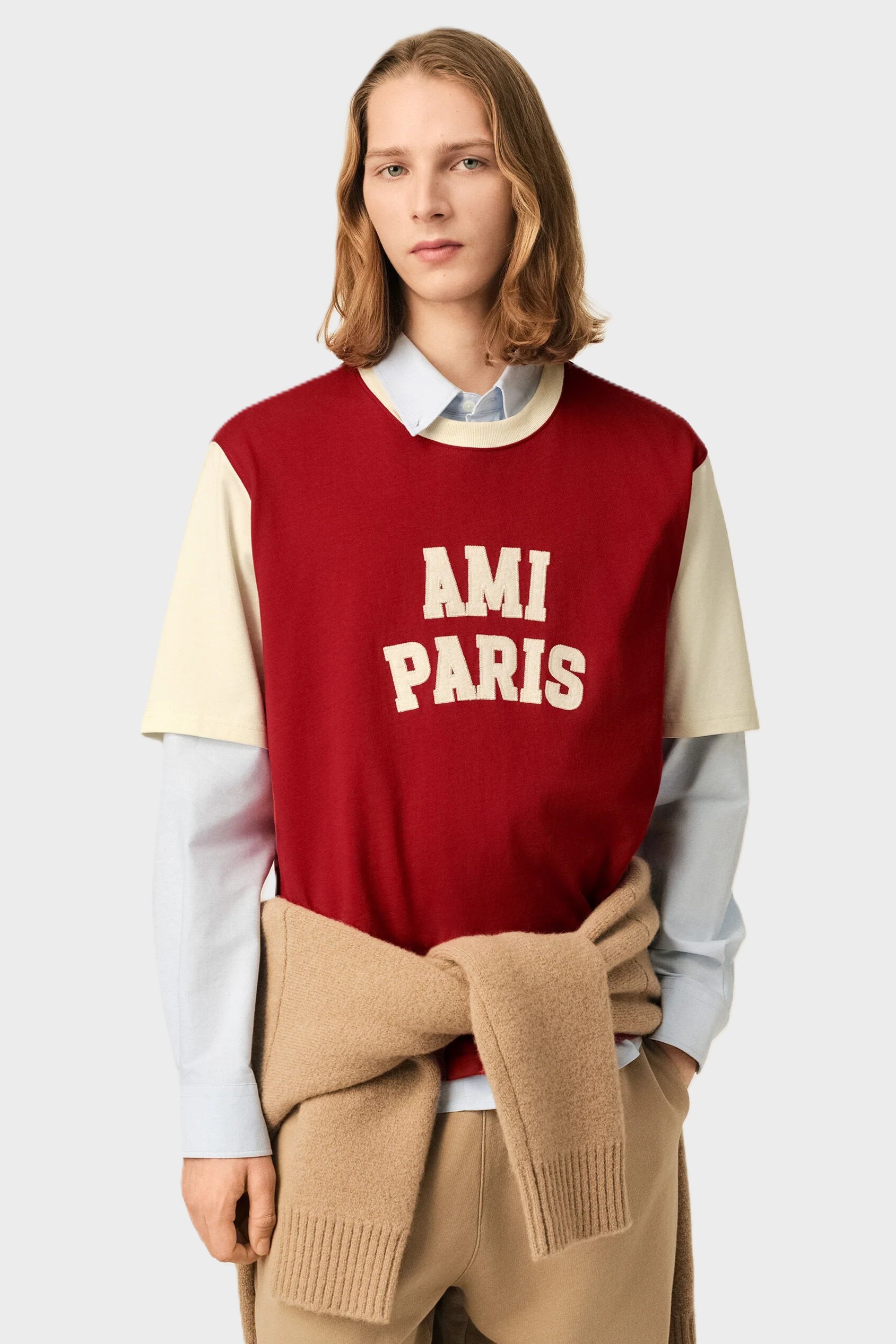 AMI PARIS Varsity T-Shirt in Ruby Red / Ivory