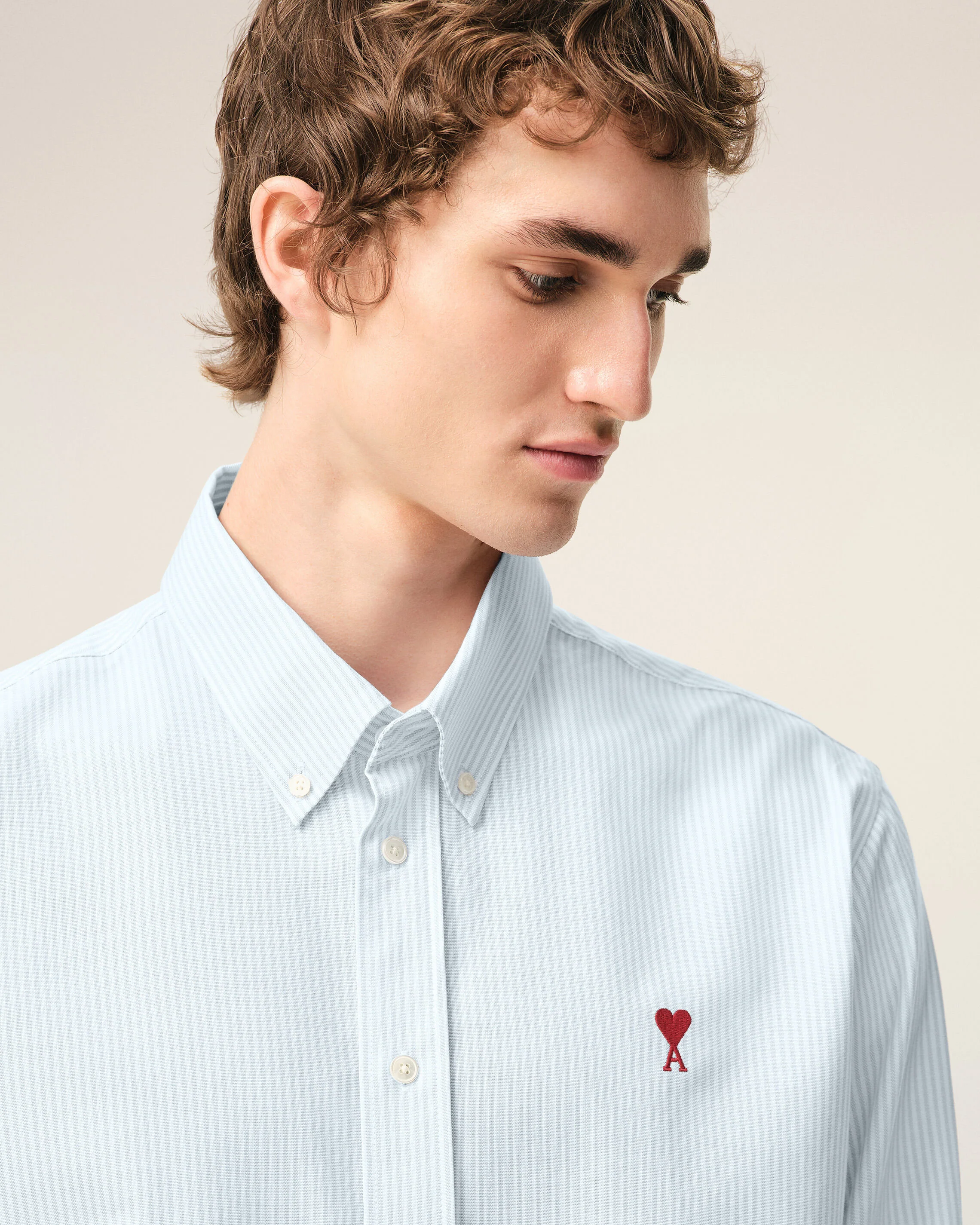 AMI PARIS de Coeur Classic Fit Shirt in Sky Blue/Natural White Stripes XXL