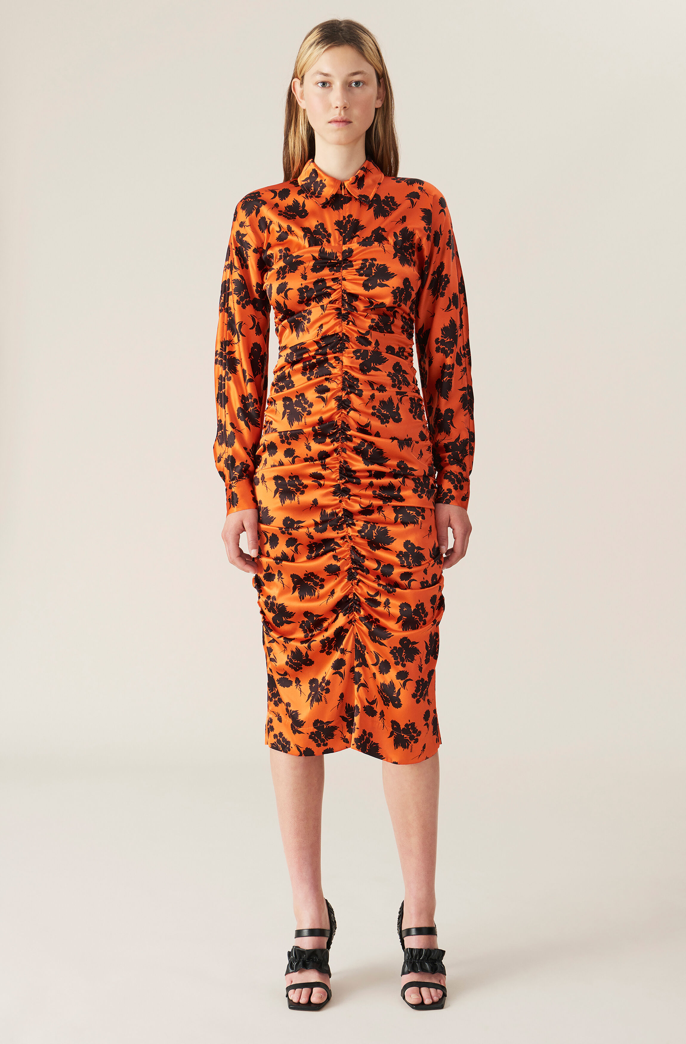 Ganni Silk Stretch Dress Orange/Black Printed
