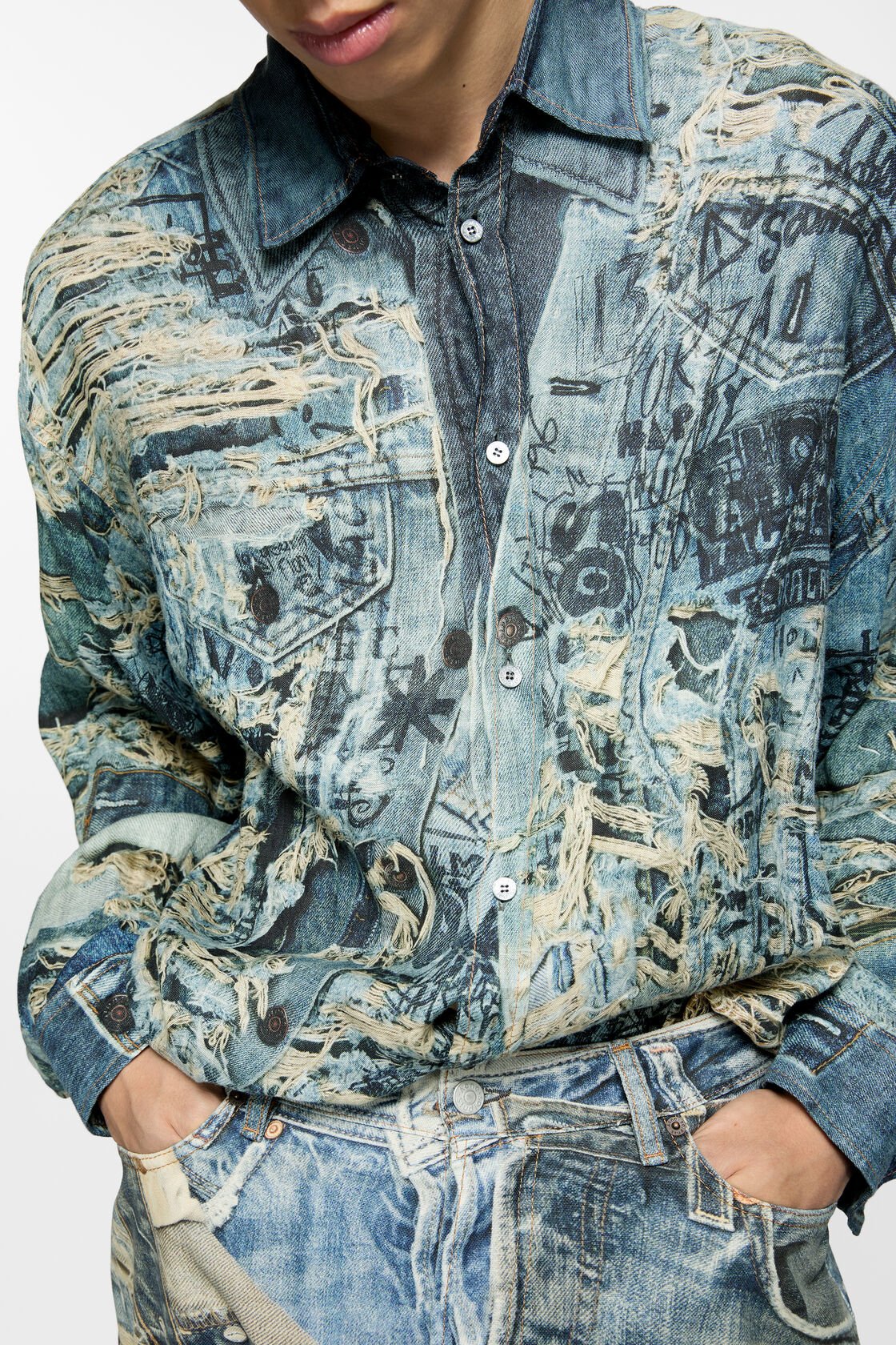 ACNE STUDIOS Oversize Printed Linen Shirt in Denim Blue ACNE STUDIOS Oversize Printed Linen Shirt in Denim Blue