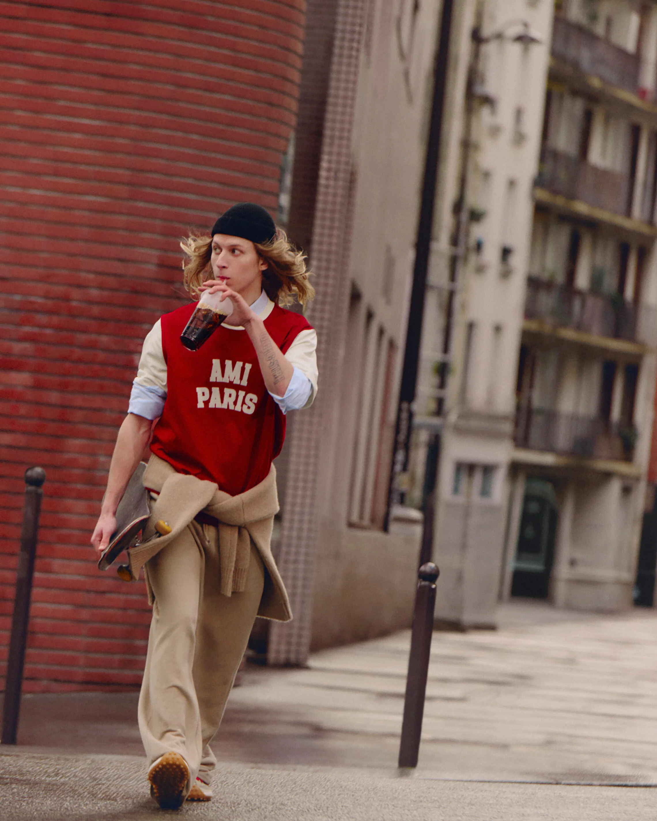 AMI PARIS Varsity T-Shirt in Ruby Red / Ivory