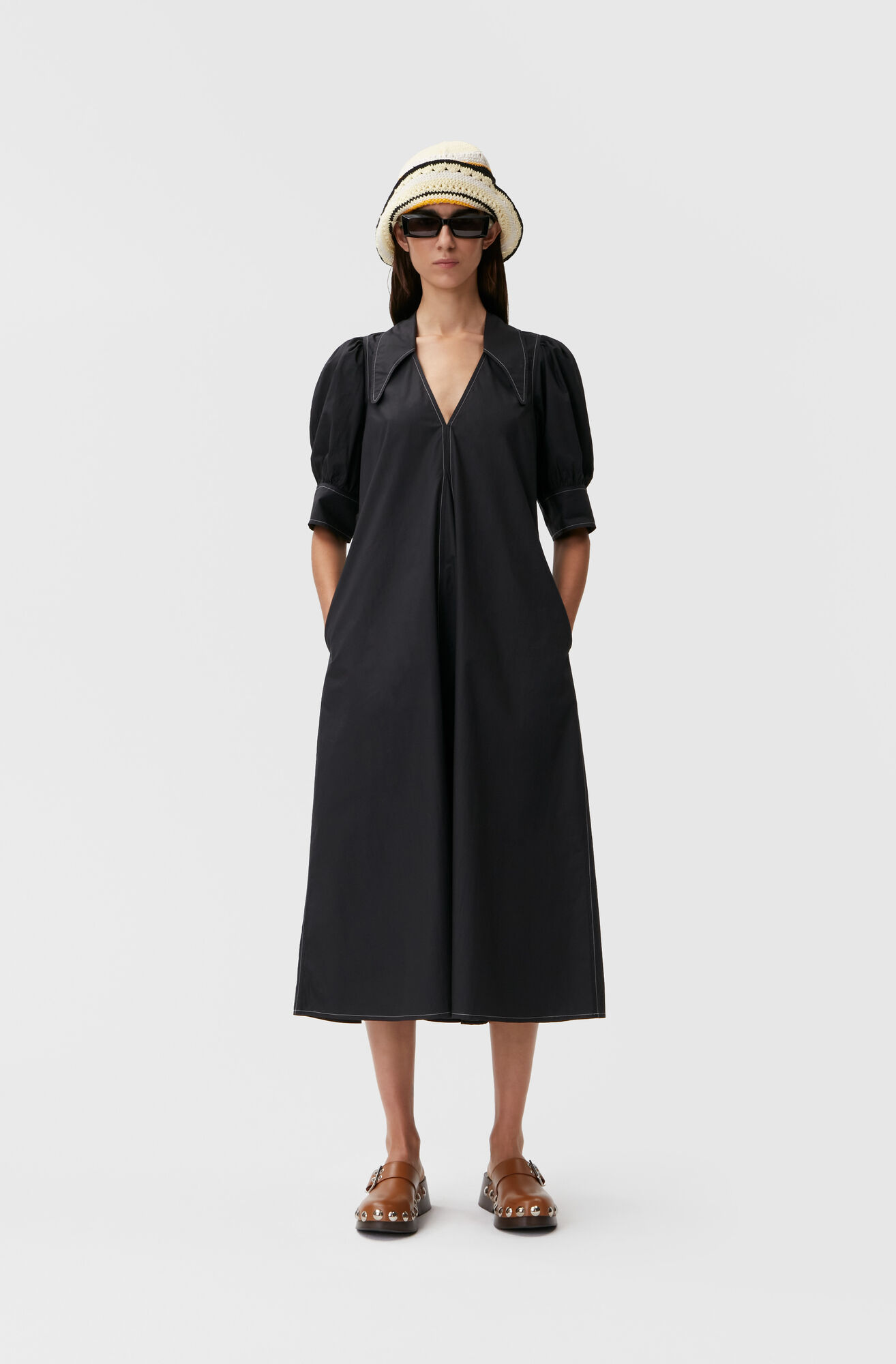 Ganni Poplin Maxi Dress in Black 36