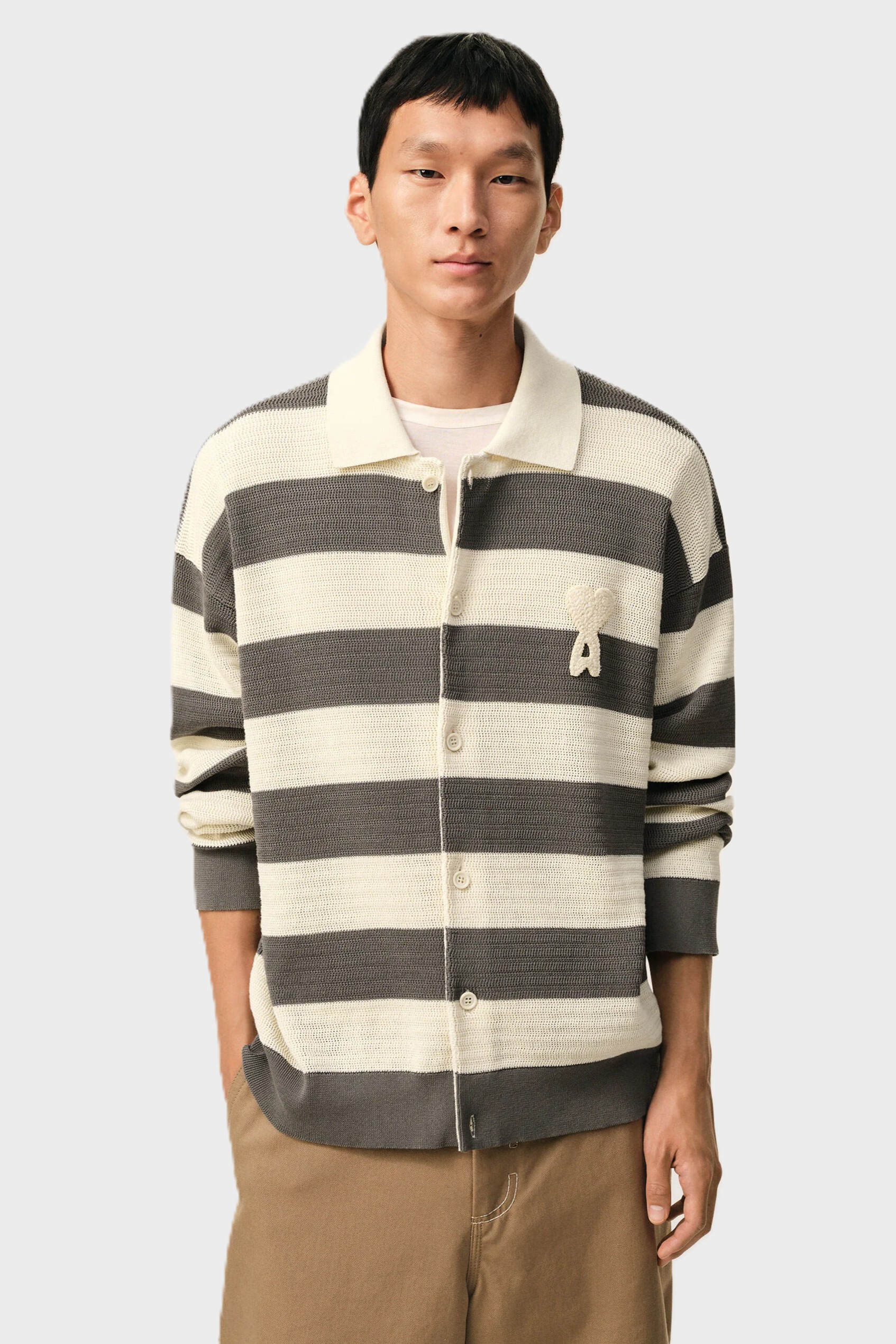 AMI PARIS de Coeur Ajouré Knit Cardigan in White Cream/Carbon