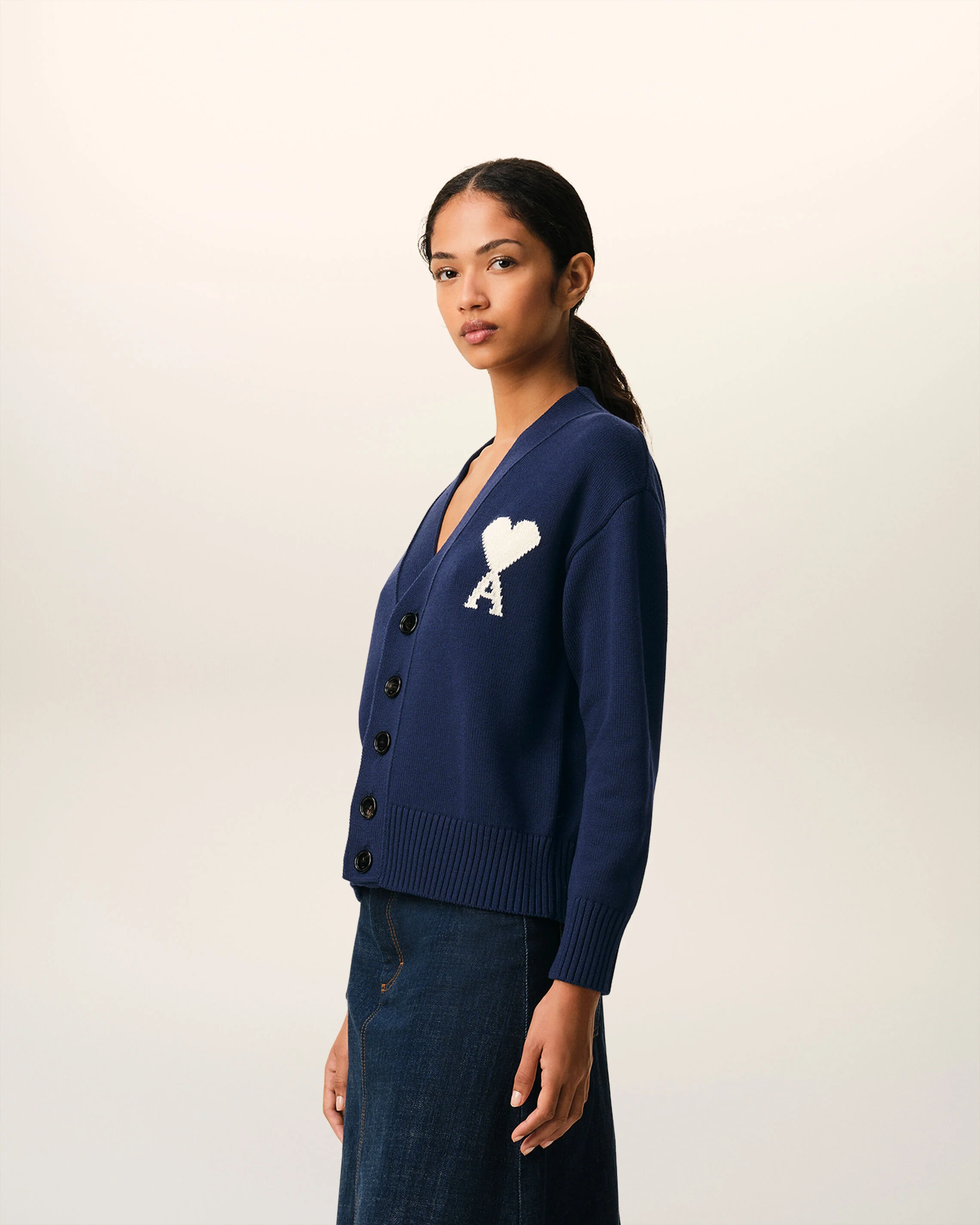 AMI PARIS de Coeur Wool/Cotton Knit Cardigan in Navy