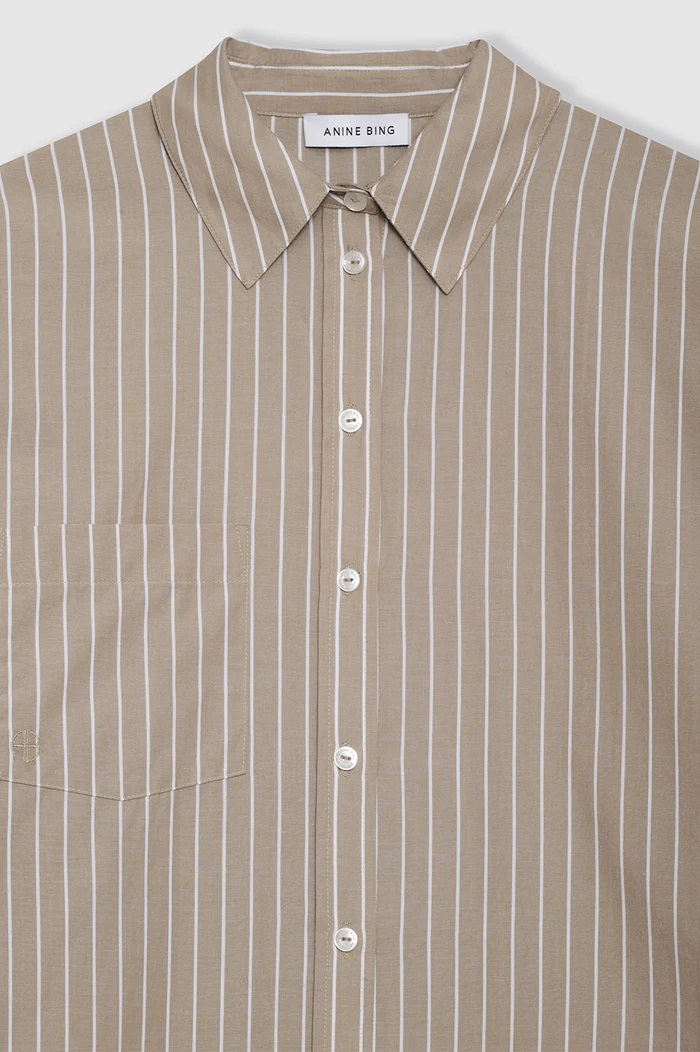 ANINE BING Lake Shirt Dress in Taupe/White Stripe S