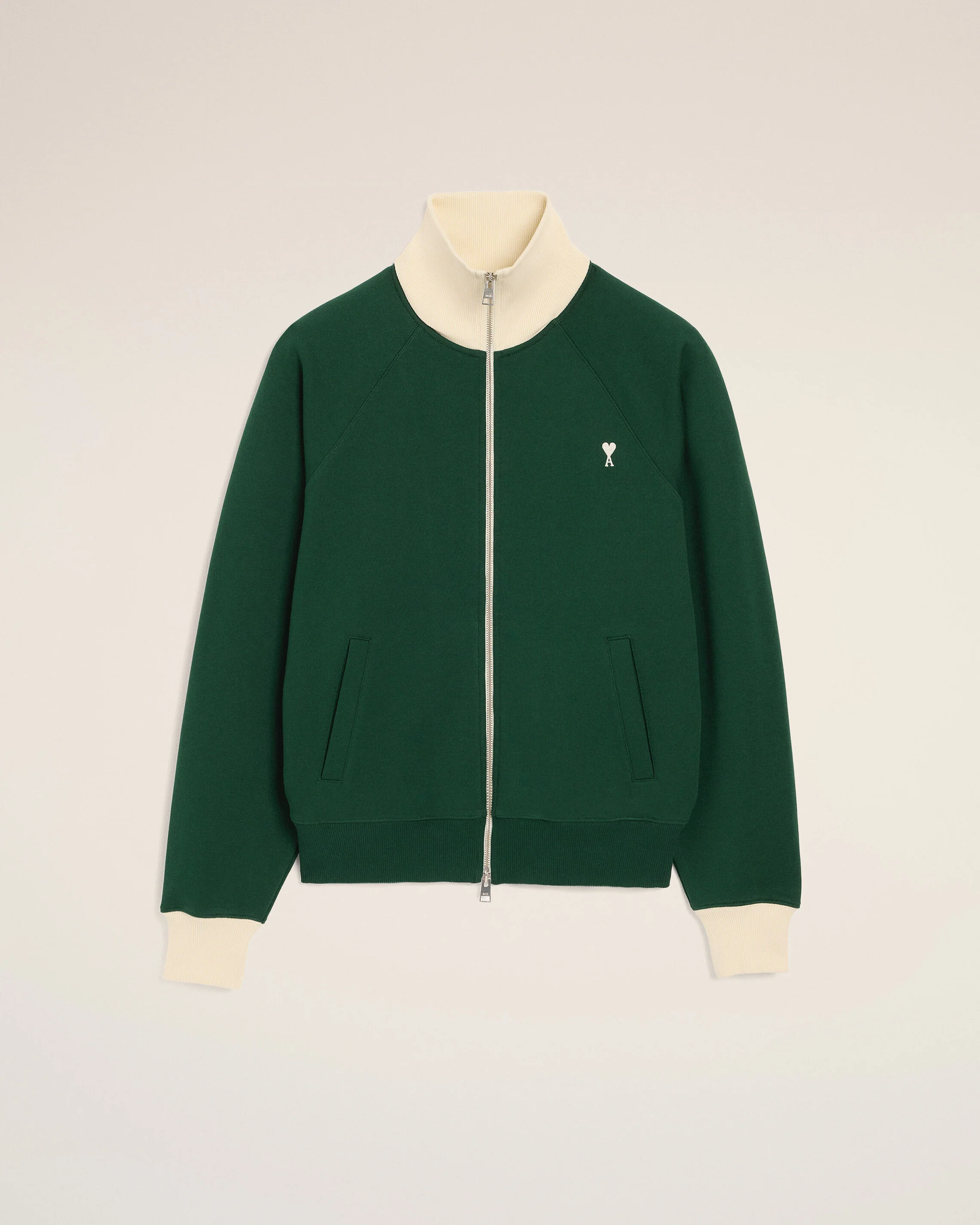 AMI PARIS de Coeur Bicolor Zip Sweater in Bottle Green / Ivory